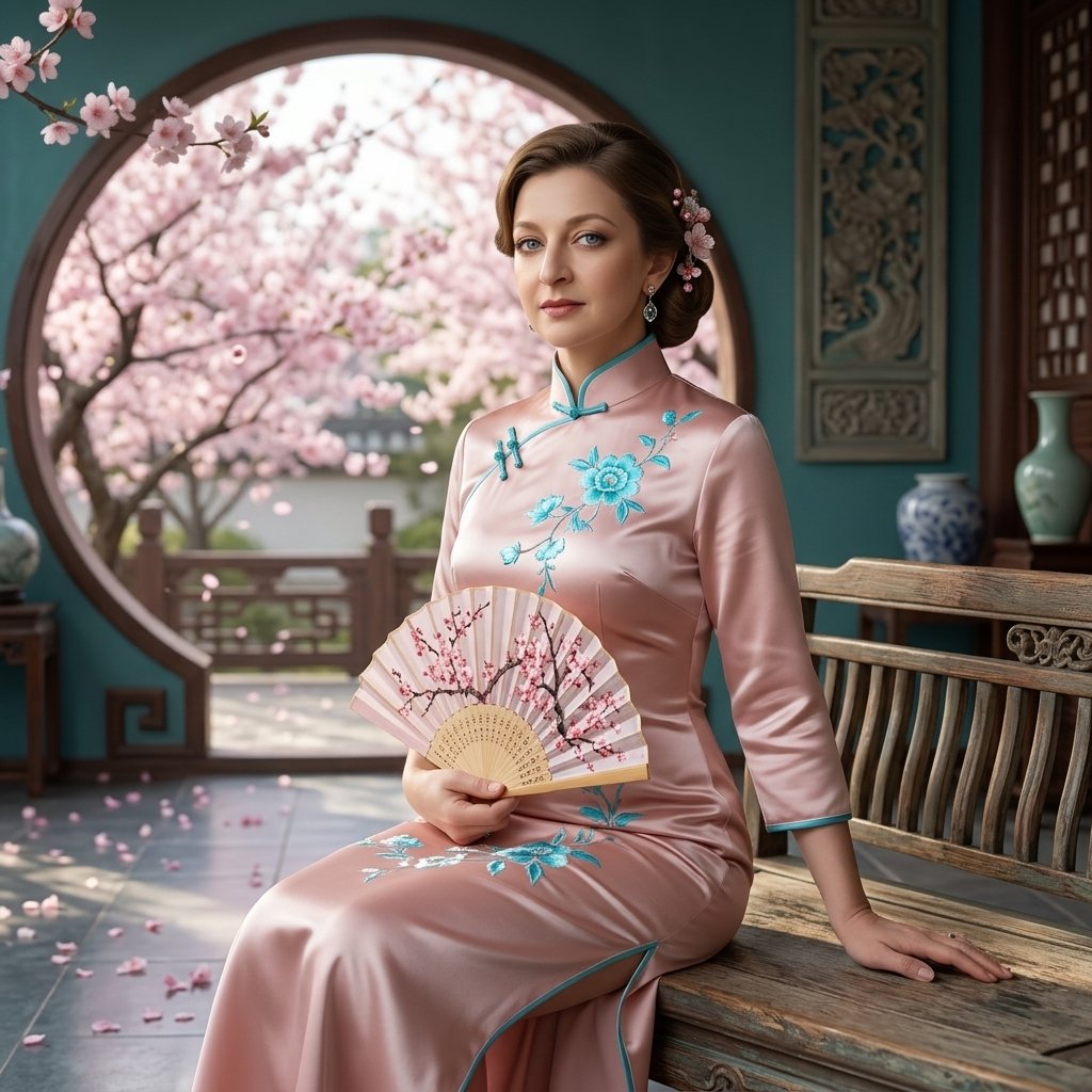 Create a Hyper-Realistic Ultra-Detailed photo of An ethereal woman from the photo given (dont change her face at all), seated gracefully inside a luxurious traditional oriental pavilion during spring blossom season.
She is wearing an elegant silk cheongsam/qipao in soft blush pink with delicate cyan floral embroidery cascading across the fabric, ultra realistic satin texture with natural folds, subtle sheen and physically accurate fabric reflections.
Her pose is refined and poised, one hand delicately holding an ornate folding fan painted with cherry blossom motifs while the other rests gently beside her on an aged wooden bench. Her expression is calm, introspective, and softly feminine, with porcelain skin, subtle natural makeup, glossy peach lips, soft blush tones, realistic skin pores, delicate eyelashes, and detailed almond-shaped eyes catching ambient light naturally.
Her hair is styled in a sophisticated low traditional bun with loose wisps framing her face, decorated with tiny sakura hair ornaments and elegant dangling earrings featuring pink gemstones and pearl accents. The qipao fits naturally around the body with realistic tension folds around the waist and hips, flowing dramatically onto the polished stone floor with luxurious silk drapery and layered fabric depth.
Behind her is a large circular moon gate window framed with aged dark wood, surrounded by blooming sakura branches overflowing into the composition. Thousands of delicate cherry blossom petals in pale pink, coral, and white create a layered cinematic foreground and background depth effect. The environment combines traditional Chinese and Japanese architectural aesthetics with teal-green textured walls, carved wooden panels, antique ceramic vases, weathered lacquer surfaces, and subtle historical elegance.
Soft natural sunlight streams diagonally through the blossoms from the upper right side, creating realistic global illumination, gentle rim lighting around the figure, subtle ambient occlusion, and cinematic contrast. Petals scattered on the reflective tiled floor create realistic reflections, micro shadows, and specular highlights. Depth of field is shallow but cinematic, with crisp focus on the woman while foreground blossoms softly blur using realistic bokeh characteristics from a high-end full-frame cinema lens.
Color palette dominated by pastel sakura pinks, turquoise jade tones, warm mahogany wood, ivory skin tones, and soft golden sunlight. Ultra detailed textures throughout: silk fibers, wood grain, ceramic glaze imperfections, flower translucency, skin microdetails, subtle dust particles illuminated in the air, and realistic atmospheric perspective.
Masterpiece composition, hyper realistic, ultra detailed, cinematic fine art photography, photorealistic oriental fashion portrait, luxury editorial aesthetic, 16k resolution, HDR, ray-traced lighting, Unreal Engine quality realism, global illumination, subsurface scattering, volumetric lighting, cinematic color grading, shallow depth of field, high dynamic range, ultra sharp focus, museum-quality detail, realistic anatomy, natural pose, elegant visual storytelling, award-winning fashion photography, dreamy spring atmosphere.
Suggested Camera & Lens Settings
Camera: Sony A1 / Hasselblad X2D / Canon EOS R5
Lens: 85mm f/1.4 for portrait compression
Aperture: f/1.8
ISO: 100
Shutter Speed: 1/200
Lighting: natural window light + soft bounce fill
Style: cinematic editorial + fine art realism
Focus: eyes and facial profile
Framing: full-body portrait with environmental storytelling
Optional Quality Tags: ultra realistic, hyper detailed, photorealistic, cinematic lighting, realistic skin texture, luxury silk fabric, spring blossom aesthetic, oriental elegance, dreamy atmosphere, high fashion editorial, masterpiece, best quality, volumetric sunlight, ray tracing, realistic reflections, delicate floral scenery, cinematic composition, premium color grading, visual poetry