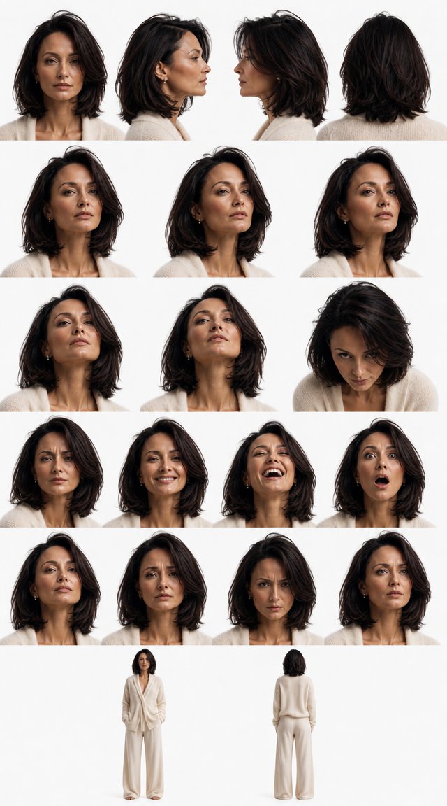 Ultra detailed cinematic character turnaround sheet of [ОПИСАНИЕ ПЕРСОНАЖА ИЛИ ФОТО]. Pure white seamless studio background, soft professional lighting, no shadows on background, no text, no captions, no numbers, no watermarks, no interface elements. Main focus: ultra detailed 360-degree FACE turnaround shown in large close-up portraits. Show the head from every important angle: — front face — left profile — right profile — back of head — 45-degree left angle — 45-degree right angle — top slight angle — low angle All face shots must be large, highly detailed, realistic, and clearly visible. Include multiple facial emotions: neutral, serious, angry, smiling, laughing, shocked, confident, sad, focused. Hair, skin texture, pores, eyes, eyelashes, lips, makeup, wrinkles, accessories, and facial structure must remain fully consistent across all angles. Additionally include ONLY TWO full body shots: — full body front view — full body back view Clean cinematic layout like a professional movie character turnaround board and AAA game studio reference sheet. Photorealistic quality, ultra sharp focus, realistic anatomy, realistic textures, premium cinematic photography aesthetic, symmetrical composition, 8k ultra detailed. Only the character on white background. No extra objects. No text. No numbers. Задати співвідношення сторін 16:9

