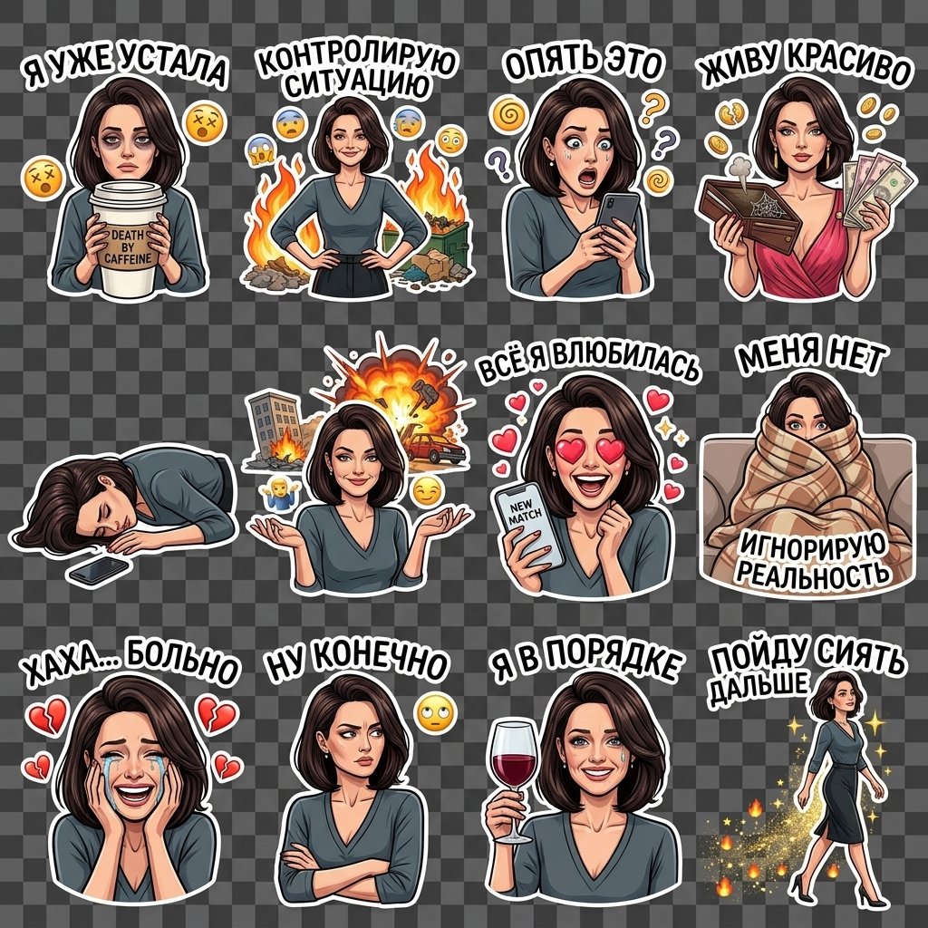 Use the uploaded photo as the only reference. Preserve 100% of the original female identity and realistic facial features. Do not change hairstyle, outfit, makeup, accessories, or body proportions. No cartoon face replacement. The character must remain fully recognizable.

Generate exactly 12 funny adult-humor Telegram-style stickers arranged in a clean 4×3 grid (4 stickers per row), output aspect ratio 2:3.

Style:

* premium polished Telegram sticker aesthetic
* thick black sticker outline
* thin white inner border
* expressive realistic emotions
* chaotic millennial/gen-z humor
* meme energy, slight sarcasm, relatable adult life vibe
* decorative elements: sparkles, wine glasses, stars, coffee splashes, tired emojis, receipts, glitter, dramatic motion lines, tiny hearts, flames, broken nerves energy
* labels in Russian with matching outlined typography placed beside the character
* no speech bubbles or panels
* every pose and composition must be unique

Create exactly these 12 stickers:

1. Holding giant coffee with dead-inside stare — «Я уже устала»
2. Fake confident pose while everything burns around — «Контролирую ситуацию»
3. Looking at phone with shocked exhausted expression — «Опять это»
4. Dramatic rich-diva pose with empty wallet — «Живу красиво»
5. Lying face-down emotionally destroyed — «Социальная батарейка: 0%»
6. Smug smiling pose with chaos behind her — «Это не мои проблемы»
7. Overexcited after one compliment — «ВСЁ Я ВЛЮБИЛАСЬ»
8. Sitting wrapped in blanket ignoring reality — «Меня нет»
9. Laughing through emotional damage — «Хаха… больно»
10. Judging side-eye with crossed arms — «Ну конечно»
11. Holding wine glass and pretending to be emotionally stable — «Я в порядке»
12. Walking away dramatically with queen energy — «Пойду сиять дальше»

Final output must contain ONLY the 12 stickers in a 4×3 grid with transparent clean Telegram-style sticker composition and consistent outline style.