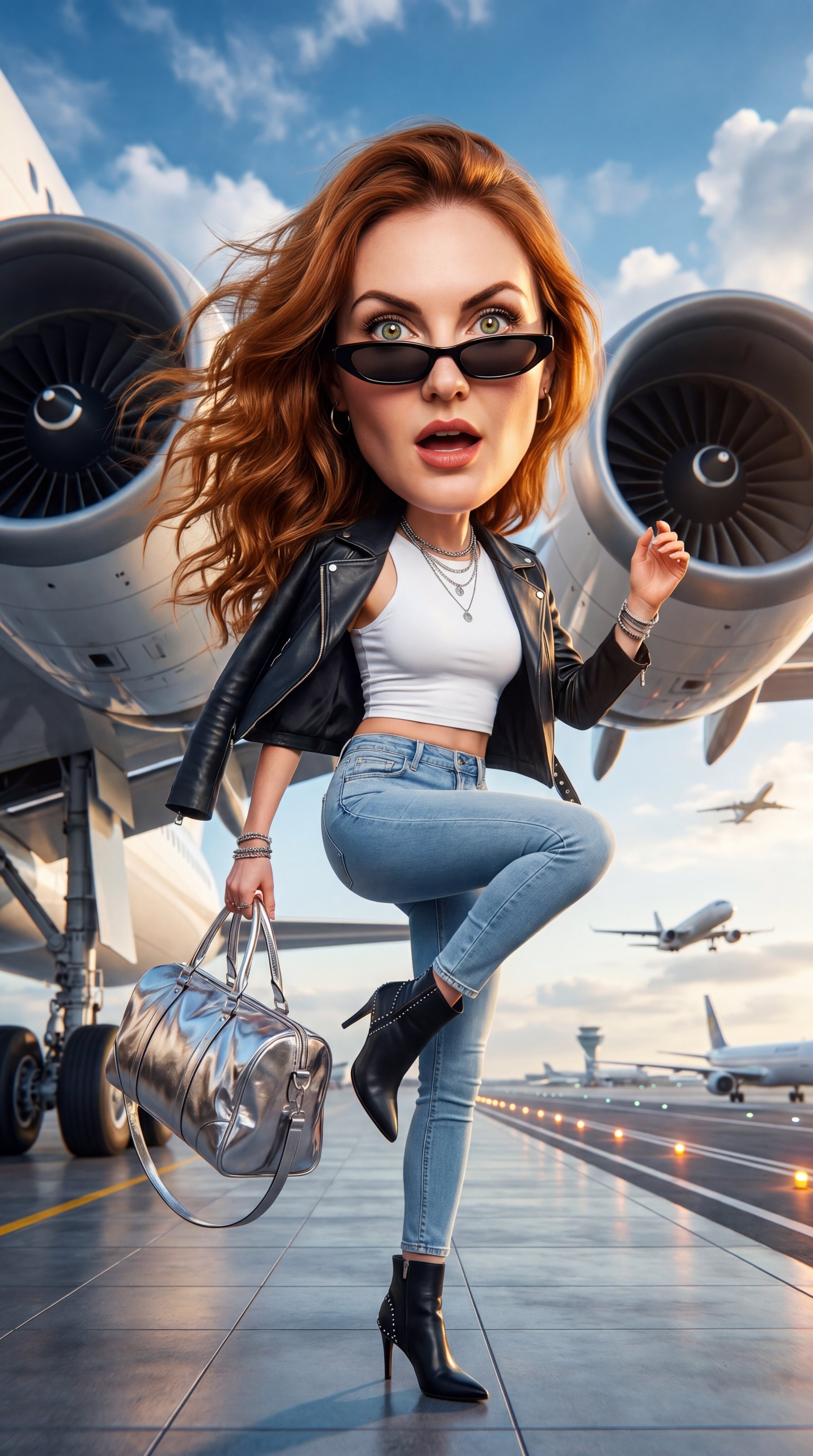 Гиперреалистичный stylized fashion portrait девушки с **гиперогромной головой**, занимающей примерно одну треть всего тела. Тело маленькое и стройное, пропорции намеренно сюрреалистичные, но сама девушка выглядит реалистично. Максимальная **100% схожесть с референсной фотографией**, загруженной пользователем: сохранить черты лица, форму глаз, губ, носа, выражение лица и общую внешность без изменений. Волнистые волосы, стиль luxury influencer.

Девушка драматично бежит через сюрреалистичный футуристический аэропорт. Динамичная кинематографичная поза, одна нога поднята в движении, ветер развевает волосы. На ней узкие чёрные солнцезащитные очки, чёрная кожаная куртка, спадающая с плеч, белый облегающий кроп-топ, светло-голубые узкие джинсы, чёрные остроносые ботильоны на каблуке с серебряными заклёпками, серебряные украшения и браслеты. В руке блестящая металлическая серебристая дорожная сумка.

Над её головой нависают огромные двигатели самолёта в экстремальной перспективе, создавая ощущение хаоса и движения. На фоне — футуристическая архитектура аэропорта, разметка взлётной полосы, самолёты вдалеке, драматичное голубое небо с облаками, wide-angle distortion, атмосфера папарацци и вирусной Instagram-эстетики.

Эмоция: игриво-шокированное лицо, приоткрытый рот, ощущение, будто её внезапно поймали камерой в движении.
Стиль — смесь hyperrealism и luxury cartoon proportions. Это НЕ мультяшная иллюстрация. Девушка выглядит как реальный человек с фотореалистичной кожей, глазами и текстурами, но с сюрреалистично огромной головой.

Освещение: глянцевый журнальный свет, тёплые cinematic highlights, мягкое плёночное зерно, контрастные тени, отражающие металлические поверхности, polished luxury aesthetic.

Стили: Bratz-inspired proportions, luxury fashion editorial, Y2K glamour, paparazzi aesthetic, surreal realistic proportions, viral social media visual, fisheye lens feeling, dynamic motion blur.

Композиция: полный рост по центру кадра, драматичная перспектива, замороженное движение в шаге, ощущение динамичного travel campaign для luxury бренда.

Качество: ultra detailed, 8K, cinematic, hyper realistic skin texture, glossy fashion photography, surreal realism, ultra viral Instagram aesthetic, realistic anatomy mixed with exaggerated giant head proportions.
