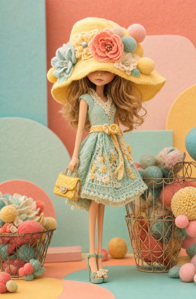 Whimsical handcrafted fashion doll girl standing gracefully in a colorful pastel studio scene, wearing an oversized soft yellow fabric hat with large decorative flowers and pom-poms partially covering her eyes. She has delicate tiny facial features, long thin elegant legs, stylized proportions, and wears a pastel mint-green and yellow textured dress with vintage fashion styling. In one hand she carries a tiny luxury handbag, beside her are decorative wire baskets filled with bright colorful felt balls and soft pom-poms. Background made of large pastel geometric color blocks in turquoise, coral, peach, mint, and yellow tones. Soft handcrafted textile textures everywhere, cozy artistic atmosphere, stop-motion animation aesthetic, collectible designer doll style, ultra-detailed fabric fibers, soft matte materials, whimsical couture design, poetic toy-fashion mood, cinematic soft lighting, shallow depth of field, dreamy pastel palette, handcrafted art doll aesthetic, highly detailed, elegant composition, stylized editorial toy photography, 8K