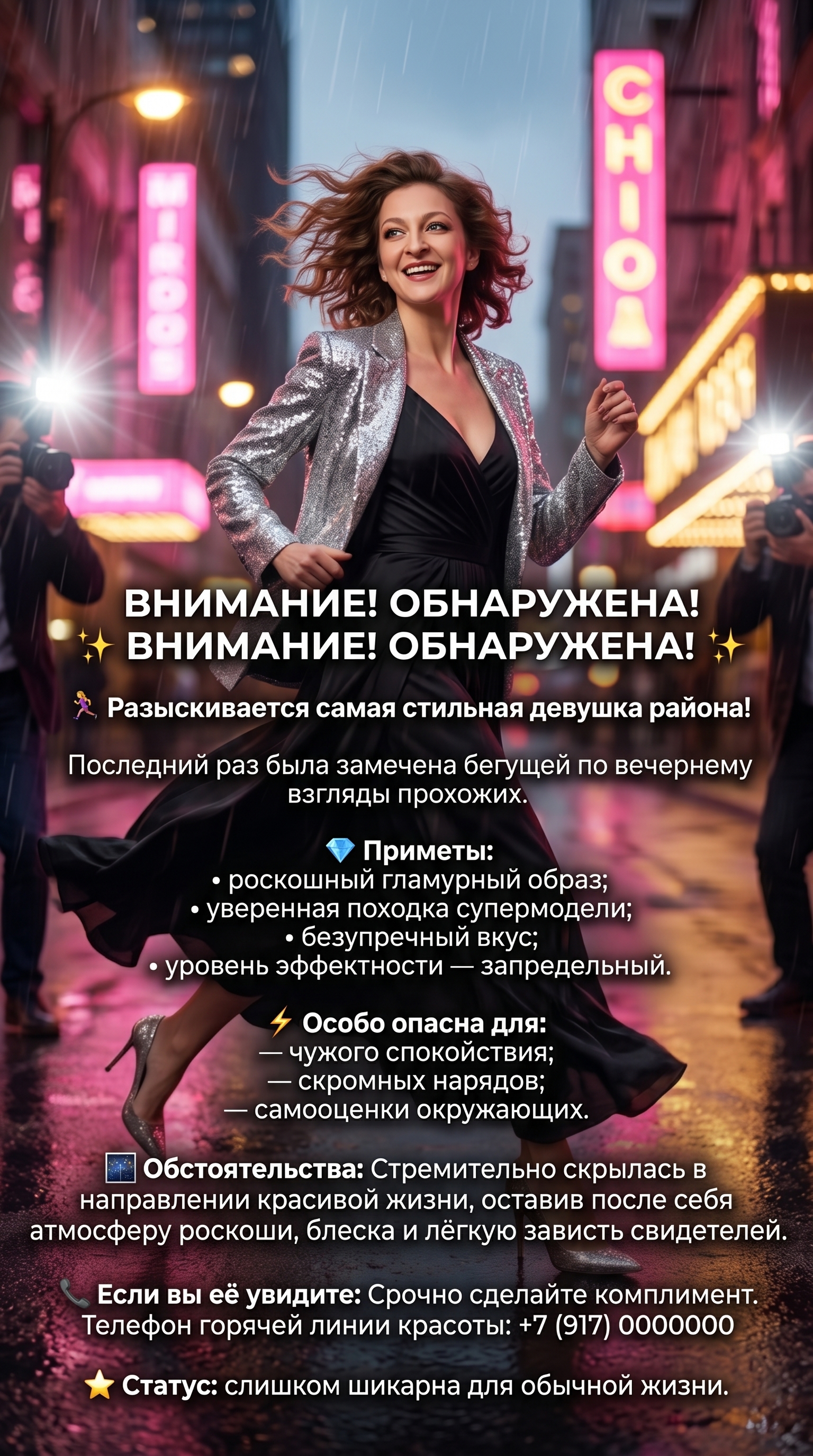 Stylized humorous missing poster in Russian, fashion editorial cinematic design. A glamorous beautiful woman running through a luxury neon evening city, dynamic motion, elegant high-fashion outfit, supermodel look, confident pose, wind effect, cinematic movement. Background is ultra ‘wow’: neon skyscrapers, glowing city lights, wet asphalt reflections, soft rain, golden and pink neon glow, luxury atmosphere, dramatic lighting, shallow depth of field, motion blur, ultra realistic, high detail, 8k fashion photography.
The image is designed as a printed announcement poster with clear space for text.
Add exact Russian text on the poster, perfectly legible, centered and well formatted:
✨ ВНИМАНИЕ! ОБНАРУЖЕНА! ✨
🏃♀️ Разыскивается самая стильная девушка района!
Последний раз была замечена бегущей по вечернему городу под вспышки камер и восхищённые взгляды прохожих.
💎 Приметы:
• роскошный гламурный образ;
• уверенная походка супермодели;
• безупречный вкус;
• уровень эффектности — запредельный.
⚡ Особо опасна для:
— чужого спокойствия;
— скромных нарядов;
— самооценки окружающих.
🌃 Обстоятельства:
Стремительно скрылась в направлении красивой жизни, оставив после себя атмосферу роскоши, блеска и лёгкую зависть свидетелей.
📞 Если вы её увидите:
Срочно сделайте комплимент.
Телефон горячей линии красоты:
+7 (917) 0000000
⭐ Статус: слишком шикарна для обычной жизни.
Negative prompt: blurry text, unreadable letters, watermark, low quality, distorted face, police realism, crime scene”
Не меняя черты лица ни на 1%, максимум схожести