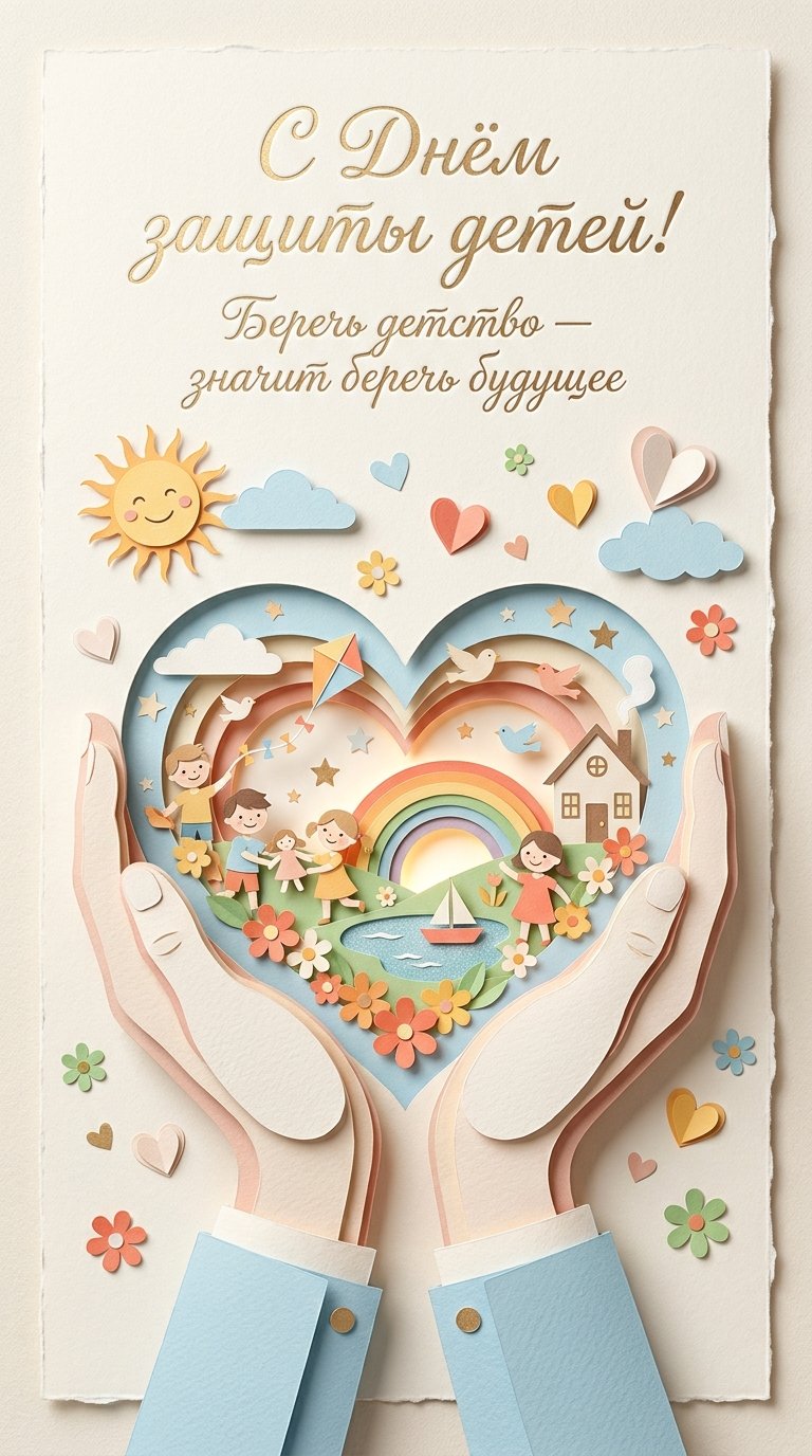 Create a vertical 9:16 Children’s Day greeting card in a poetic layered paper collage style. Two large paper-cut hands gently hold a glowing heart-shaped miniature world made of layered paper: children playing, flowers, a rainbow, a small pond, a kite, birds, stars, and a tiny cozy house. Around the hands add doodle-like paper details: sun, hearts, clouds, little flowers. The composition should feel deeply tender, safe, protective, and beautiful, like a luxury handmade greeting card. Use realistic paper texture, dimensional layers, soft shadows, and clean premium color harmony. Palette: soft sky blue, cream, blush, warm yellow, coral, fresh green.
Russian text:
“С Днём защиты детей!”
Below:
“Беречь детство — значит беречь будущее”
Readable elegant Russian typography, premium handcrafted stationery look.