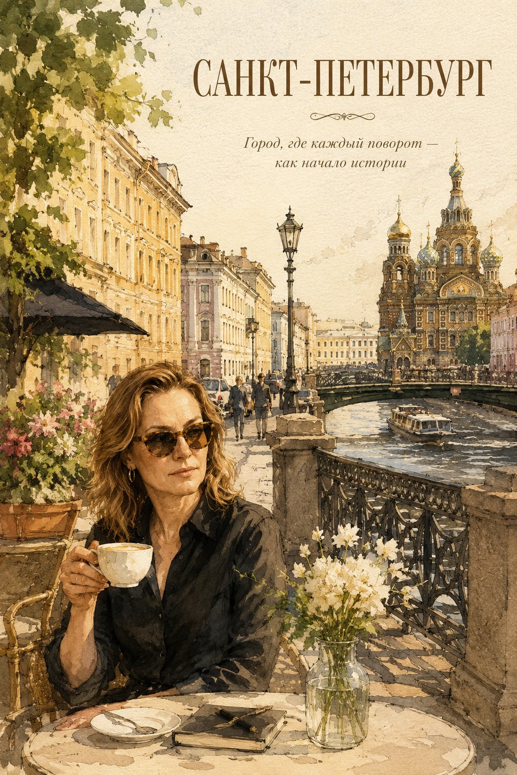 
Create a refined luxury urban travel illustration in [Санкт-Петербург].

Use the uploaded reference photo only for the person.
Keep the person recognizable while naturally integrating them into real city life.

Do not copy the original background or pose.

The person should feel casually observed, never posing for the camera.

Every image must use a different human composition and body dynamic.

Avoid repeating standing full-body poses.

Vary naturally between:
sitting,
walking,
turning,
leaning,
reading,
crossing the street,
interacting with the environment,
partial cinematic framing,
or relaxed candid movement.

The atmosphere is always bright warm summer.

Use:
golden sunlight,
green trees,
flowering details,
open café terraces,
warm reflections,
and a rich elegant summer palette.

The city must feel authentic through:
architecture,
street life,
cafés,
transport,
signage,
and local atmosphere.

Style:
luxury fashion travel illustration,
elegant ink sketching,
soft watercolor washes,
editorial sophistication,
premium travel-journal mood,
natural proportions,
visible paper texture,
subtle hand-drawn imperfections.

Avoid:
tourist postcard style,
hyperrealism,
AI beauty aesthetic,
fashion posing,
doll-like faces,
grey gloomy atmosphere,
or over-rendered digital skin.

Composition:
4:5 vertical format,
airy editorial layout,
large negative space,
foreground/middle/background depth,
person occupying approximately 15–25% of the composition.

Typography:
Place “[Санкт-Петербург]” clearly at the TOP.

Add a short poetic subtitle inspired by the city.

Typography must feel elegant, editorial, balanced, and readable.
Avoid vertical text or cluttered placement"
﻿
