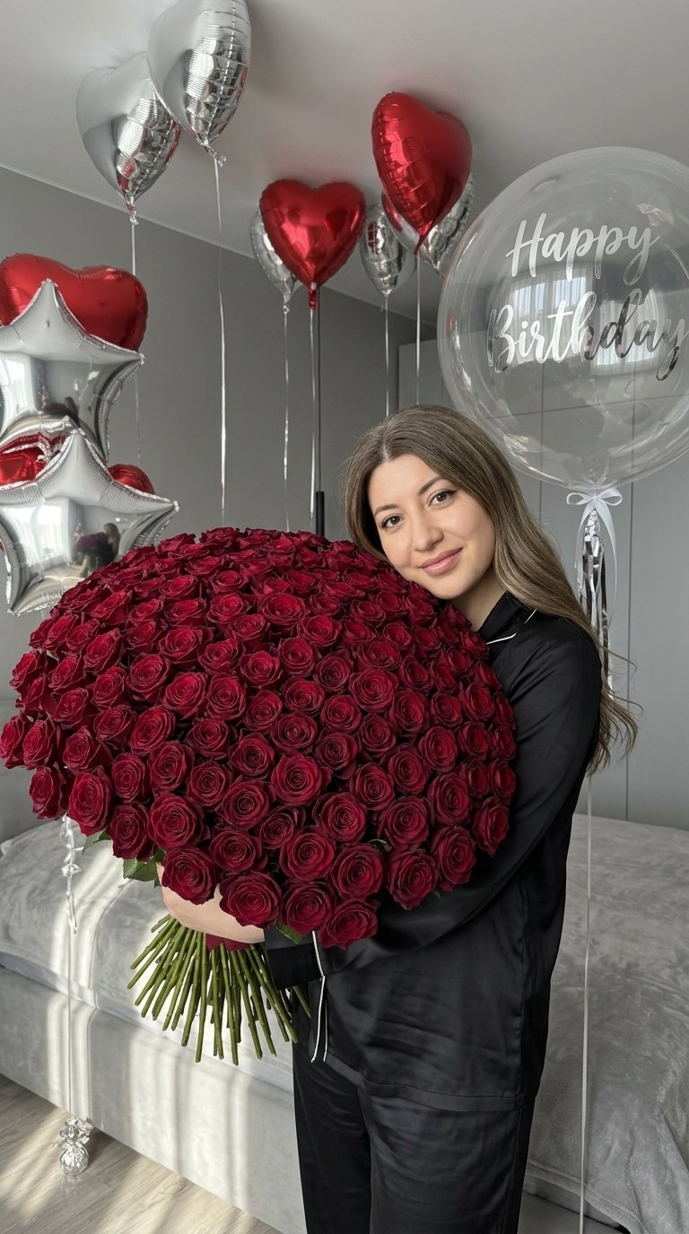 Основная композиция Создай гиперреалистичную фотографию в стиле естественной съёмки на iPhone 16 Pro Max. В центре композиции — огромный букет из миллиона бордовых роз, занимающий большую часть кадра. Модель женщина Черты лица идентичный оригиналы точь-в-точь точках на фото исходники держит букет в руках, одета в стильную чёрную шелковую пижаму. ## Детали букета Каждый цветок в полном расцвете с насыщенным бордовым оттенком. Лепестки имеют плавный переход от глубокого бордового к более светлому тону по краям. Стебли крепкие с изящными изгибами и мягкой зеленью. Шипы едва заметны на стеблях. ## Обстановка и фон Стильная минималистская спальня в серых тонах. Декор из гелиевых воздушных шаров в форме звёзд и сердец. Большой круглый прозрачный шар с серебряной надписью "С Днём Рождения". Атмосфера нежности и праздничного настроения. ## Технические параметры Широкоугольный объектив 14 мм. Естественное освещение с мягкими тенями. Реалистичная цветопередача и текстуры. ## Критически важно Точно воспроизведи внешность, черты лица и все индивидуальные особенности человека с загруженной фотографии. Сохрани полное портретное сходство с референсом. Лицо должно быть идентично оригиналу во всех деталях.