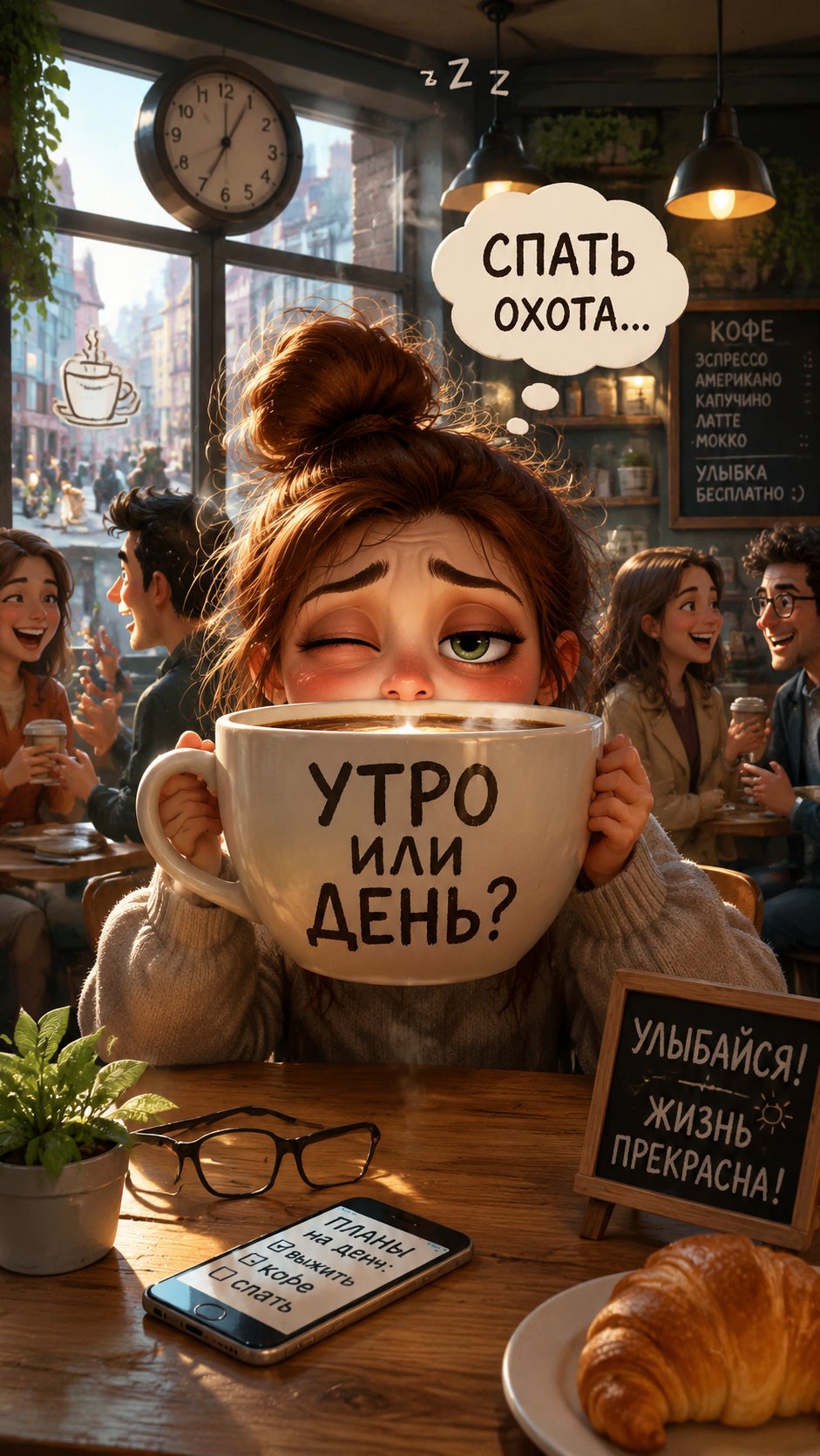 Утро
Спать охота 
Девушка в кафе пьёт из гигантской чашки кофе 
На которой написано УТРО ИЛИ ДЕНЬ?
девушка смешная 
В виде персонажа 
Вокруг жизнь 
А она хочет спать 