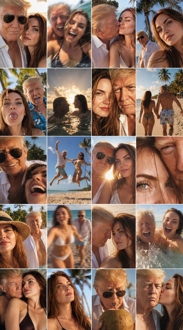 
4x4 grid of candid nostalgic iPhone photos of a young couple on a tropical beach vacation, taking selfies of each other and together.
Aesthetic: heavy camera shake, strong motion blur, tilted horizons, off-center amateur framing, accidental crops, lens flares, light leaks, heavy iPhone grain, faded warm vintage tones — raw, imperfect, deeply emotional.
Emotions: alive and spontaneous — laughing, screaming with joy, kissing, hugging, silly faces, dreamy gazes, splashing, jumping, forehead touches. Every frame full of love, fun and genuine connection. Never posed.
Angles (all 16 different): extreme close-ups, wide arm-stretched selfies, low and high angles, over-the-shoulder POV, mirror/sunglasses reflections, Dutch tilts, blurry motion shots, half-frame accidents.
Anchors (strict): Faces and appearance of both characters are taken strictly and only from the attached references — 100% identical in all frames, no deviations.
Wardrobe: summer/beach only — bikinis, sundresses, sarongs, shorts, linen shirts, sunglasses, straw hats, flip-flops or barefoot. Slight variation between frames.
Setting: tropical paradise — white sand, turquoise ocean, palm trees, golden hour.
Quality: 4K, ultra-detailed textures (skin pores, hair, fabric, water, sand) preserved under the shaky vintage iPhone look.