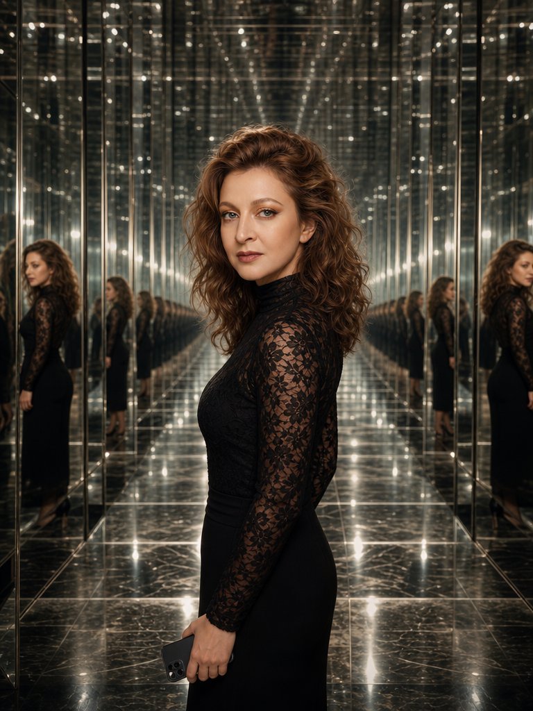 cinematic epic portrait of the same woman, preserved identity, preserved pose, preserved black lace-sleeve outfit and smartphone, standing in a vast infinite mirror hall, towering mirrored walls, reflective floor and ceiling, endless recursive reflections fading into the distance, dramatic symmetry, majestic atmosphere, luminous reflections, elegant and powerful composition, luxury fashion editorial, ultra detailed, photorealistic, high contrast, dramatic cinematic lighting, masterpiece