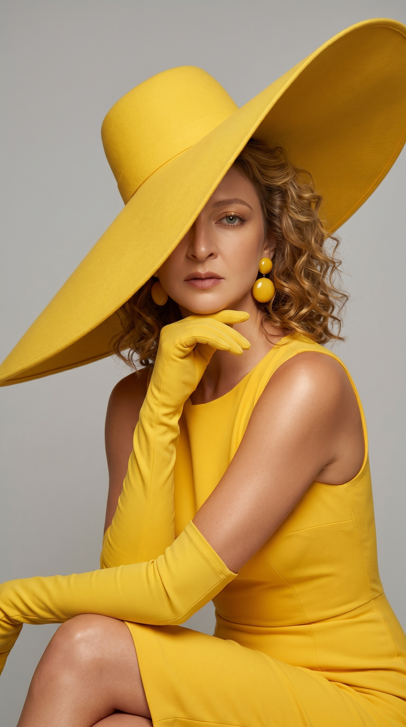 Вертикальный fashion editorial портрет крупным планом, гламурная женщина в полностью жёлтом монохромном образе, огромная сексуальная скульптурная жёлтая шляпа couture style с очень длинными широкими изогнутыми полями, одно поле шляпы элегантно опускается на лицо и закрывает половину лица, создавая загадочный гламурный образ, видна вторая половина лица с чёткими реалистичными чертами, жёлтое облегающее платье без рукавов, длинные жёлтые оперные перчатки, круглые жёлтые серьги, глянцевая загорелая кожа, элегантная поза сидя боком, одна рука в перчатке изящно расположена под подбородком, другая рука согнута внизу, плечо и рука на переднем плане, лицо частично прикрыто шляпой, но без цензуры и без квадратного блока, видимая часть лица чёткая, детализированная и реалистичная, сохранить оригинальные черты лица на видимой части, не менять форму лица, глаза, нос, губы, брови, мимику и выражение лица, мягкий серый студийный фон, студийная вспышка, лёгкие тени, high fashion magazine style, luxury editorial photoshoot, реалистичная текстура кожи, чёткие детали, минималистичная композиция, сексуальная элегантная атмосфера, вертикальный формат 9:16, высокое разрешение