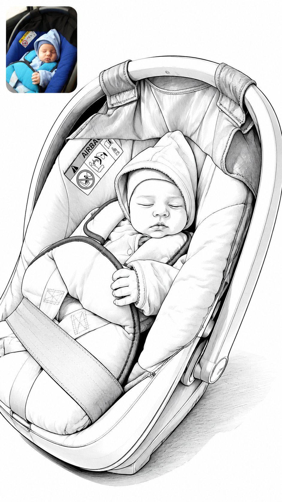 Transform the uploaded reference photo into a clean black-and-white manga-style line art illustration while preserving the exact pose, composition, clothing, accessories, facial expression, and perspective from the original image. Create a full-body character drawing with elegant ink outlines, smooth contour lines, subtle grayscale shadows, minimalistic monochrome aesthetic, fashion sketch style, accurate anatomy, highly detailed clothing folds, realistic proportions, professional character design sheet, clean white background, soft ground shadow, modern editorial illustration, Japanese manga-inspired artwork, crisp vector-like linework, high detail, high contrast, ultra-clean presentation. Include a small rounded-corner color reference image inset in one corner, showing the original photo used for transformation. Premium concept art style, 8K resolution, masterpiece quality.