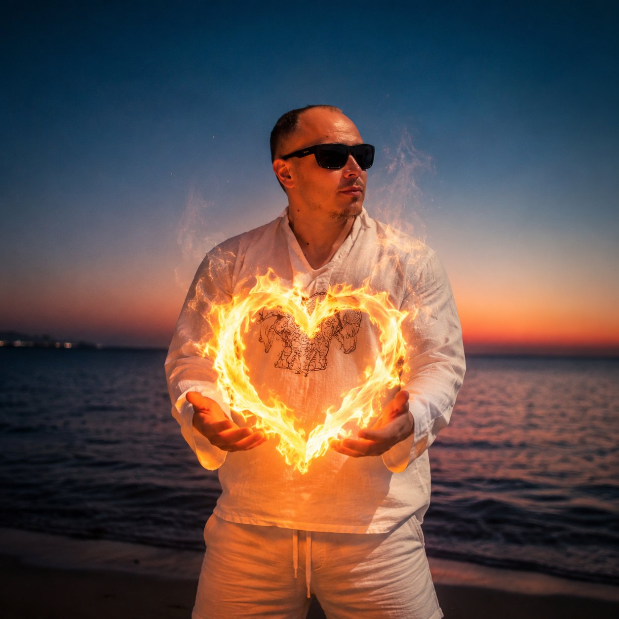 **A hyperrealistic photograph of the exact character from the provided reference image on a serene beach at twilight. The character's appearance, facial features, hairstyle, and clothing must match the reference image 100%. The character has an intense, focused gaze. In their outstretched hands, they hold vibrant, dancing flames that coalesce into a glowing, ethereal heart shape in front of their chest. The fire emits a warm, orange glow, illuminating their skin and casting subtle shadows. The background features a calm, dark ocean gently meeting the shore, with a soft gradient sky transitioning from a deep blue overhead to a delicate, pale orange-pink on the horizon. Ultra-detailed, intricate textures on skin and clothing, sharp focus, natural ambient light, volumetric lighting from the flames, subtle smoke wisps, cinematic quality.**