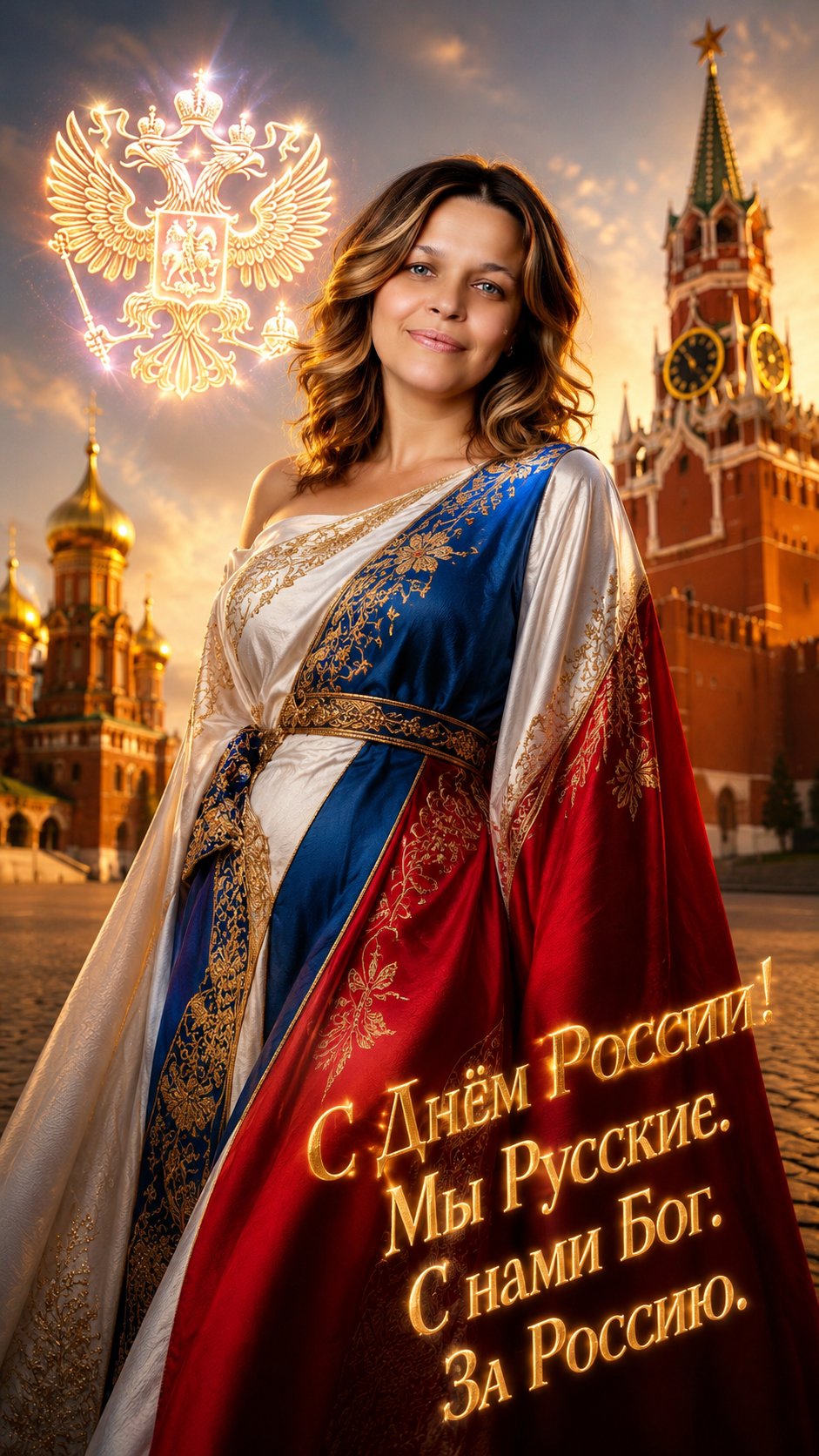 Use reference image, maintain 100% facial features and identity, exact face match. 
Красивая женщина 30–35 лет, благородная внешность, спокойный и уверенный взгляд, одухотворённое выражение лица, смотрит прямо в камеру с достоинством и внутренней силой. Она одета в современный, элегантный наряд в бело-сине-красных тонах — сочетание haute couture и национального шика: длинное платье с асимметричным кроем, вышитые золотыми нитями узоры, напоминающие орнаменты русской ткани, но в футуристичной интерпретации. Волосы струятся мягкими волнами, слегка подсвечены золотистым светом заката. Фон — монументальная архитектура Москвы в лучах вечернего солнца: Кремлёвские стены, золотые купола, простор Красной площади, но всё в кинематографической, ультрареалистичной подаче. Над её правым плечом — стилизованный трёхглавый орёл, выполненный как голографический символ, парящий в воздухе, излучающий мягкий золотой свет, с переливами бронзы и пурпуром. Текст "С Днём России! Мы Русские. С нами Бог. За Россию." расположен по диагонали внизу справа — элегантная типографика с золотым свечением, будто высеченная в камне, но без чёрного фона. Общее освещение — тёплое, золотое, «magic hour», с глубокими, но мягкими тенями. Уровень детализации — 8K, фотография премиум-класса, кинематографическая глубина, текстуры ткани, кожи, металла идеально проработаны. Настроение — торжественно, мощно, духовно, но без агрессии. Цветовая палитра: золото, алый, лазурный, белый, тёмно-синий. Эффект "вау" обеспечен за счёт масштаба, света и эмоциональной силы образа. Без людей на заднем плане, только силуэты в размытии, неузнаваемые. Съёмка с низкого угла, чтобы подчеркнуть величие. Стиль — брендовый, уровень телевизионной рекламы, luxury campaign
**Негативный промт (Negative Prompt):**
Горизонт, чёрный экран, текст на переднем плане, люди в кадре кроме главной героини (особенно мужчины), боевик, война, оружие, кровь, страх, агрессия, ужас, мистика, магия, волшебные существа, демоны, призраки, колдовство, драконы, летающие объекты (кроме орла), размытые лица, низкое качество, шум, пиксели, плохая композиция, комедия, гримасы, кричащие выражения, чёрно-белое изображение, абстракция, граффити, современные технологии (дроны, экраны, телефоны), элементы хоррора, острые углы, резкие тени, чрезмерный контраст, ярлыки, логотипы, надписи от руки, разговоры, речь, открытый рот, крик, движение, размытие движения, жанровые сцены, бытовуха, спорт, военная форма, парады, флаги в руках, карикатурность, мультяшность, low poly, 3D-рендер, нереалистичные пропорции, двойные лица, аномалии, артефакты, glitch, цифровые искажения, элементы фэнтези, киберпанк, постапокалипсис, животные, растения в центре внимания.