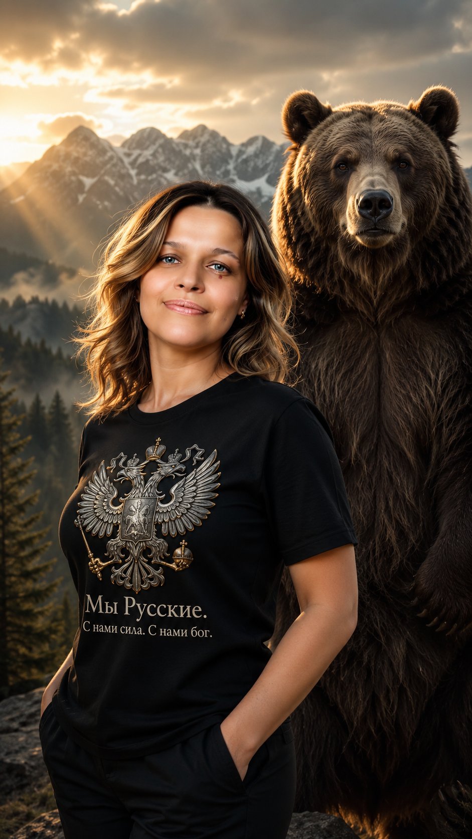 Use reference image, maintain 100% facial features and identity, exact face match. Фотореалистичный, кинематографичный портрет красивой, уверенной женщины 30–35 лет с выразительными карими глазами, естественной кожей без изъянов, слегка уложенными назад волосами с лёгким движением от ветра. Она стоит в профиль-полоборота к камере, взгляд спокойный, прямой, полный достоинства и внутренней силы. На ней — премиальная черная хлопковая футболка классического кроя, плотная, без помятостей, с идеальной посадкой по плечам и груди.  
>   
> На груди — величественный **трёхглавый орёл**, выполненный в стиле старинной геральдики: перья — с металлическим серебристо-стальным отливом, клювы и когти — золотые, с микро-детализацией каждой перышковой текстуры. Под орлом — чёткая, современная, но благородная типографика (шрифт типа *Cormorant Garamond Bold* или *Didot*):  
> **«Мы Русские.**  
> **С нами сила. С нами бог.»**  
> — белый цвет, с лёгким бархатным матовым эффектом, как шелкография на дорогой одежде.  
>   
> Справа от неё, чуть позади и выше по уровню — огромный, мощный бурый медведь (Ursus arctos), стоящий на задних лапах, но не агрессивно: его голова повернута к зрителю, взгляд мудрый и спокойный, шерсть — густая, многослойная, с реалистичным блеском от закатного света. Медведь — не «зверь», а символ природной гармонии, защиты и древней силы.  
>   
> Фон: эпический русский ландшафт в золотой час — высокие горы с снежными вершинами в дали, покрытые туманом хвойные леса (ель, сосна), лучи солнца пробиваются сквозь облака, создавая объемный свет (volumetric lighting). В воздухе — легкие блики пылинок, как в кино на ARRI Alexa LF. Композиция — правило третей, глубина кадра — максимальная.  
>   
> Стиль: премиум-реклама, обложка журнала *Vogue Russia* или *National Geographic*, уровень Netflix-документалки «Россия. Тайны планеты». Качество — 8K, HDR, кинематографический цветокоррекционный грейд (теплые золотые и холодные сине-серые акценты), фокус — на лице женщины и тексте футболки. Никакой цифровой «пластик», только живая, дышащая реальность. ВАУ-эффект достигается за счёт масштаба, света, текстур и эмоциональной силы образа.

---

### ❌ НЕГАТИВНЫЙ ПРОМТ (Negative Prompt — обязательный для точности):

> магия, фэнтези, мистика, демонические элементы, вампиры, оборотни, огненные эффекты, взрывы, кровь, оружие, военная форма, шлемы, броня, боевик, экшен, чёрный фон, чёрный экран, размытость, низкое разрешение, артефакты, искажённые лица, деформированные руки/глаза, лишние конечности, мультяшность, карикатура, 3D-рендер, CGI, игрушки, стилизация под комикс, пиксели, водяные знаки, текст вне футболки, искажённая надпись, неправильные буквы (например, «бог» как «богъ» или «бож»), смех, крик, речевые пузыри, диалоги, микрофоны, камеры, люди на заднем плане, городские объекты, автомобили, самолёты, провода, современные логотипы, рекламные баннеры, грим, клоунский макияж, чрезмерный глянец, пластиковая кожа, неестественные тени, плоский свет, серый фон, туман как дым, агрессивная поза медведя, оскал, клыки, нападение.
