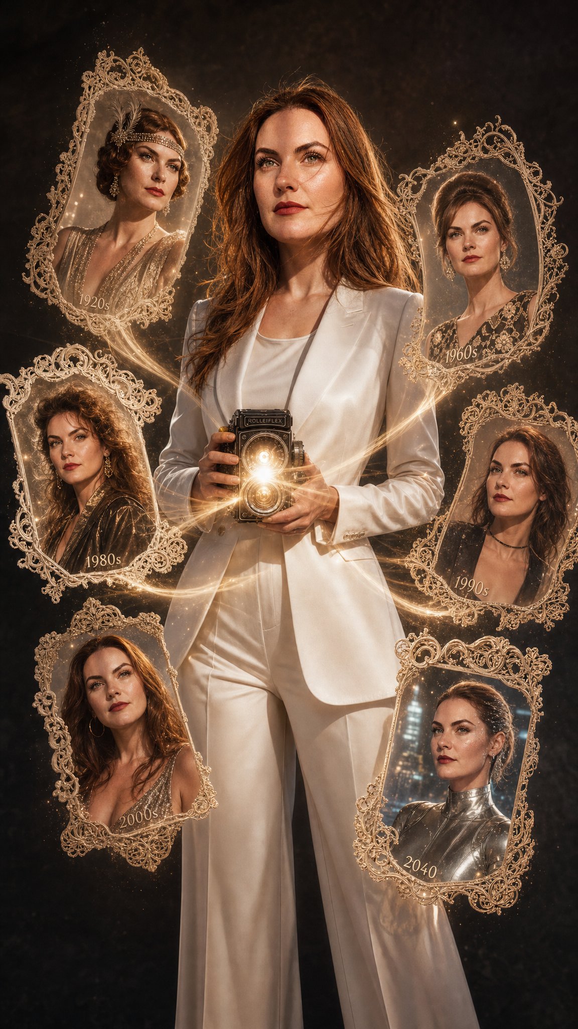 Using the provided photograph, without altering the facial features, create an artistic metaphor for creativity: a full-length portrait, a close-up of a woman with expressive eyes and hair as in the photograph, slightly wavy, wearing a luxurious white pantsuit. She holds a vintage camera in front of her, and from its lens emerge live, three-dimensional photographs instead of light—materializing in space like portals to other worlds.

Each shot shows a photograph of the same woman in different eras with matching hairstyles and dresses, rendered in high detail: in the style of the 1920s, 1960s, 1980s, 1990s, 2000s, and the upcoming 2040. Crucially, all these floating photographs have intricate, lacy, embossed, openwork edges with ornate swirls and relief textures instead of smooth edges. 

The background is a dark, premium-textured backdrop. The lighting is studio-quality, with dramatic shadows and luminous flares from the camera shutter. Some photos are lit from within. Rays of light emanate from the camera, painting new images directly in the air. The skin tone is glowing, utilizing highlighter for a dewy, wet-skin effect. Aspect ratio 9:16.