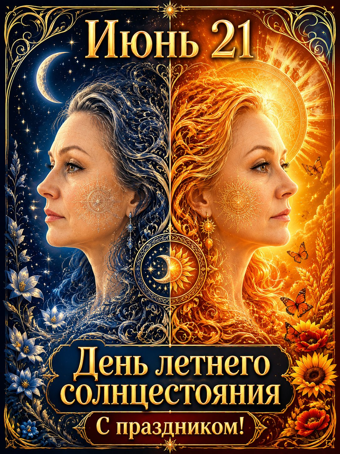 Создать вертикальную цифровую иллюстрацию, посвящённую летнему солнцестоянию, в стиле декоративного фэнтези и ар-нуво.
В центре композиции — два женских профиля, обращённые в противоположные стороны и образующие единый образ дня и ночи.
Лицо женщины взять строго с загруженного референса, максимально сохранив её индивидуальные черты: форму лица, глаз, носа, губ, бровей и общее сходство. Использовать одно и то же лицо для обеих половин композиции.
Левая сторона символизирует ночь: холодная палитра глубоких синих, индиго и серебристых оттенков, звёздное небо на фоне, волосы в виде объёмных декоративных завитков и орнаментов.
Правая сторона символизирует солнце: тёплая палитра золотых, янтарных, оранжевых и красных оттенков, сияющий солнечный диск за головой, волосы из огненных плавных узоров и завитков.
На щеках разместить сложные круговые мандалы с тонкими геометрическими деталями. Добавить декоративные элементы в стиле ар-нуво: изящные линии, орнаменты, плавные переходы света и тени.
Композиция строго симметричная, центральная ось проходит между профилями. Высокая детализация, насыщенные цвета, мягкое свечение, выразительный контраст холодных и тёплых оттенков.
Добавить три надписи на русском языке, используя крупный декоративный шрифт с высокой читаемостью, чёткие контуры и хороший контраст с фоном.
Текст должен быть написан без ошибок, именно в таком виде:
«Июнь 21»
«День летнего солнцестояния»
«С праздником!»
Надпись «Июнь 21» расположить в верхней части композиции.
Надпись «День летнего солнцестояния» разместить в нижней центральной части.
Надпись «С праздником!» расположить под основной надписью или в нижней части композиции.
Все надписи должны быть полностью читаемыми, без стилизации, ухудшающей восприятие текста, без деформаций, пропусков букв или замены символов.