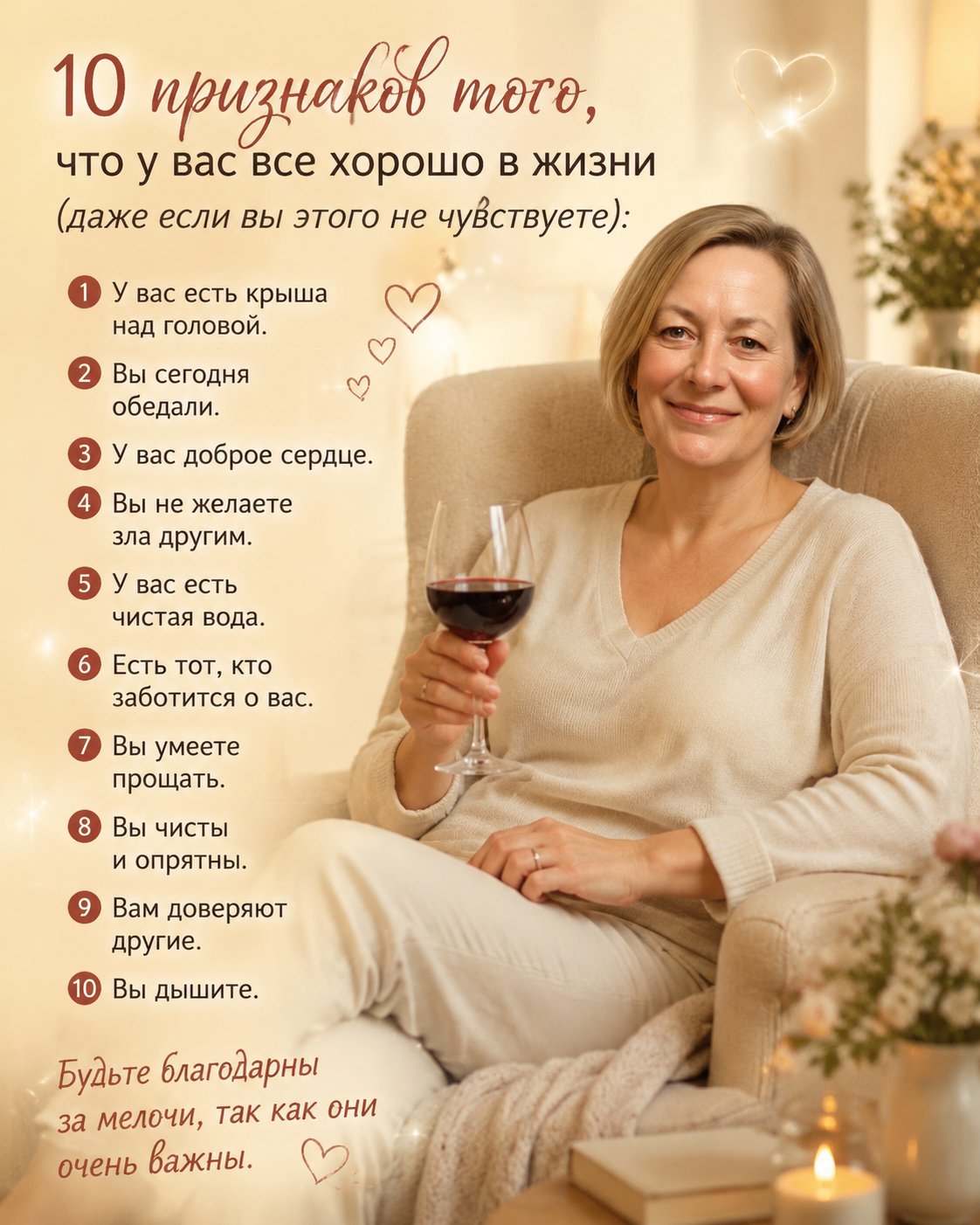 Создай портрет женщины, счастливой, сидящей в кресле с бокалом вина, в Светлой комфортной одежде. И красиво размести вокруг нее надписи с image1 на русском языке