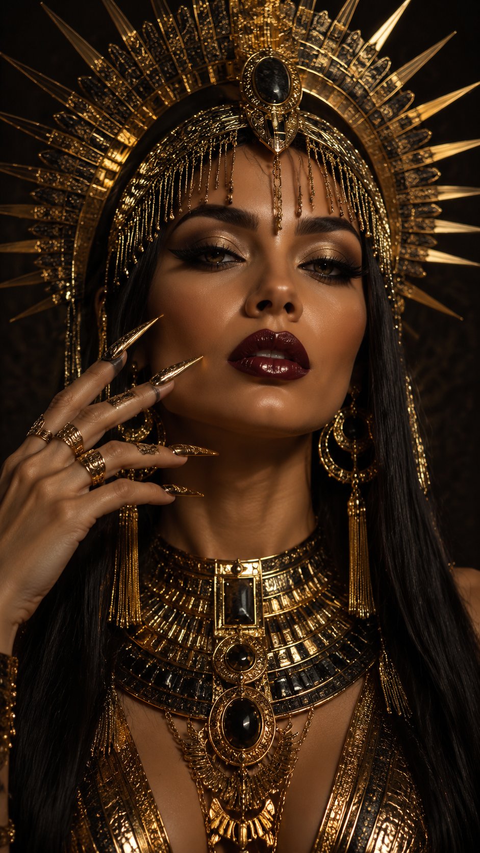 Close-up portrait of a glamorous woman styled as a modern Egyptian queen. She wears an elaborate golden sun-ray headdress with intricate metallic details and dangling ornaments. Her makeup is dramatic: bold sculpted eyebrows, voluminous lashes, shimmering eyeshadow, and deep burgundy glossy lips. She has long straight hair flowing down her shoulders. Her hand is raised near her face, showcasing extremely long, sharp metallic gold nails, multiple gold rings, and large gold hoop earrings with tassels. She wears an ornate golden collar necklace with gemstones. Rich dark background, cinematic lighting, hyperrealistic 3D render style, 8k, --ar 4:5