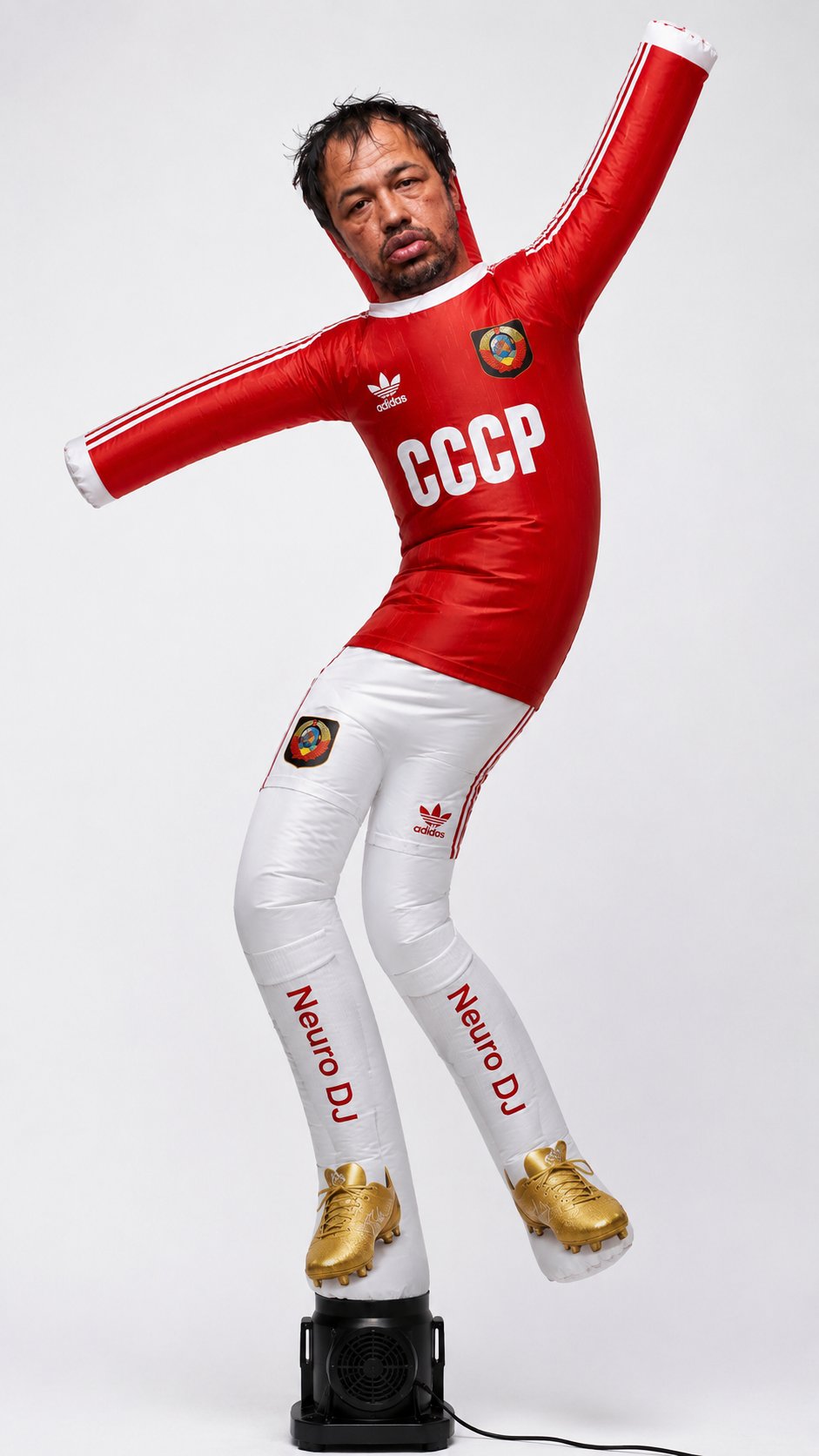 Transform the person in the photo into an inflatable air dancer tube man (inflatable dancing figure). Keep the original face features, CCCP red jersey with white stripes, white shorts, white socks with "Neuro DJ" text, and gold shoes. Convert the body into a flowing, wavy inflatable tube man structure with characteristic flailing arms and bending body. Maintain the original clothing colors and design elements (red Adidas jersey with CCCP text, white details, team crest). The figure should have the typical inflatable advertising man appearance with dynamic, wind-blown pose, segmented tubular body parts that appear to be moving in the air. Style: inflatable tube man, air dancer, wacky waving inflatable, advertising figure, dynamic motion, flowing fabric effect. Keep recognizable outfit details and colors. Photorealistic rendering, high detail, studio lighting.