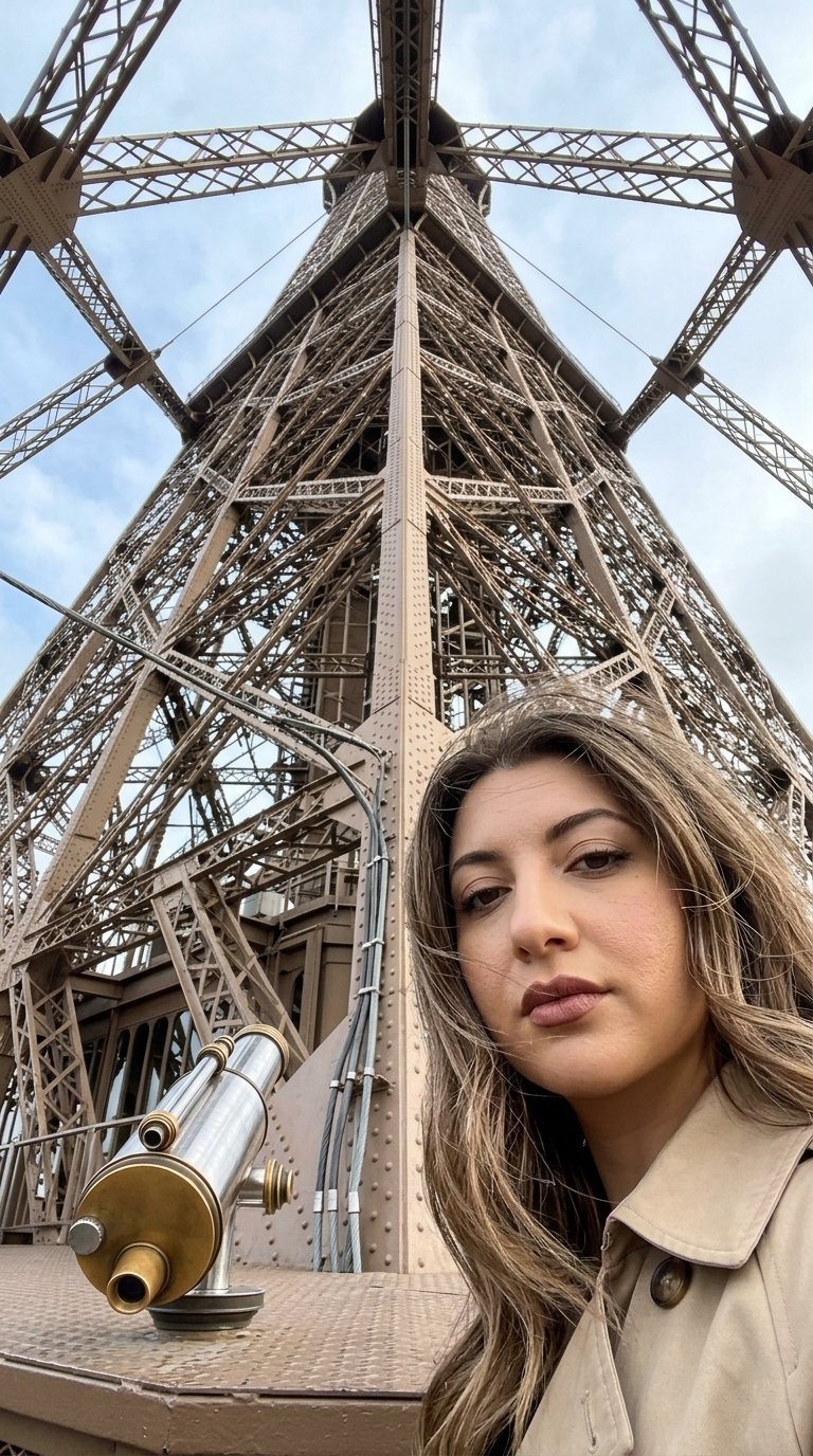 Вертикальная фотография Эйфелевой башни с низкой угловой перспективы, подчеркивающей её высокую железную решетчатую конструкцию. Башня занимает центральную и левую части, демонстрируя сложную бронзово-коричневую решетку с матовым покрытием, с видимыми заклепками, подчеркивающими её индустриальную эстетику. Бронзовая трубка, цилиндрическая и отражающая, расположена немного слева от центра на металлической платформе, наклонённой вверх для далеких наблюдений. На переднем плане видна Женщина черты лица идентично оригиналы частичная лицо и верхняя часть туловища женщины Её естественные волосы как у оригинала точь-в-точь как на фото исходники Разлетаются по ветру, дополняемые тёплым средним цветом кожи. Она носит светло-бежевый плащ Виден только воротник с этого ракурса видимым на плече и верхней части груди. Её лицо слегка наклонено вниз, губы Пышные сочные ярко накрашенные розово коричневым цветом приоткрыты в нейтральном выражении, взгляд направлен немного выше объектива. Мягкое рассеянное освещение создает нежные тени, предполагая облачный день. Над башней бледно-голубое небо с светло-серыми облаками контрастирует с теплыми тонами, в то время как пересекающиеся чёрные кабели добавляют геометрические линии. Композиция захватывает как монументальные масштабы башни, так и интимное присутствие женщины, с резкой глубиной резкости и естественным освещением, отражающим естественные цвета и текстуры.
