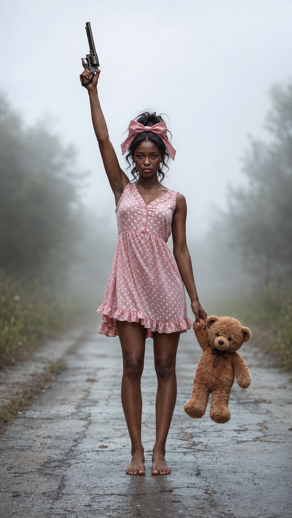 a young barefoot woman standing on a concrete road in a strong and confident pose, one arm raised high holding an old-fashioned revolver, wearing a simple pink polka-dot sleeveless dress with frills at the bottom, hair tied in a large bow, holding a fluffy brown teddy bear by the paw with the other hand, foggy hazy background with blurred trees on both sides, soft natural daylight, full-body shot, realistic lighting and shadows, photorealism, high detail, 8k