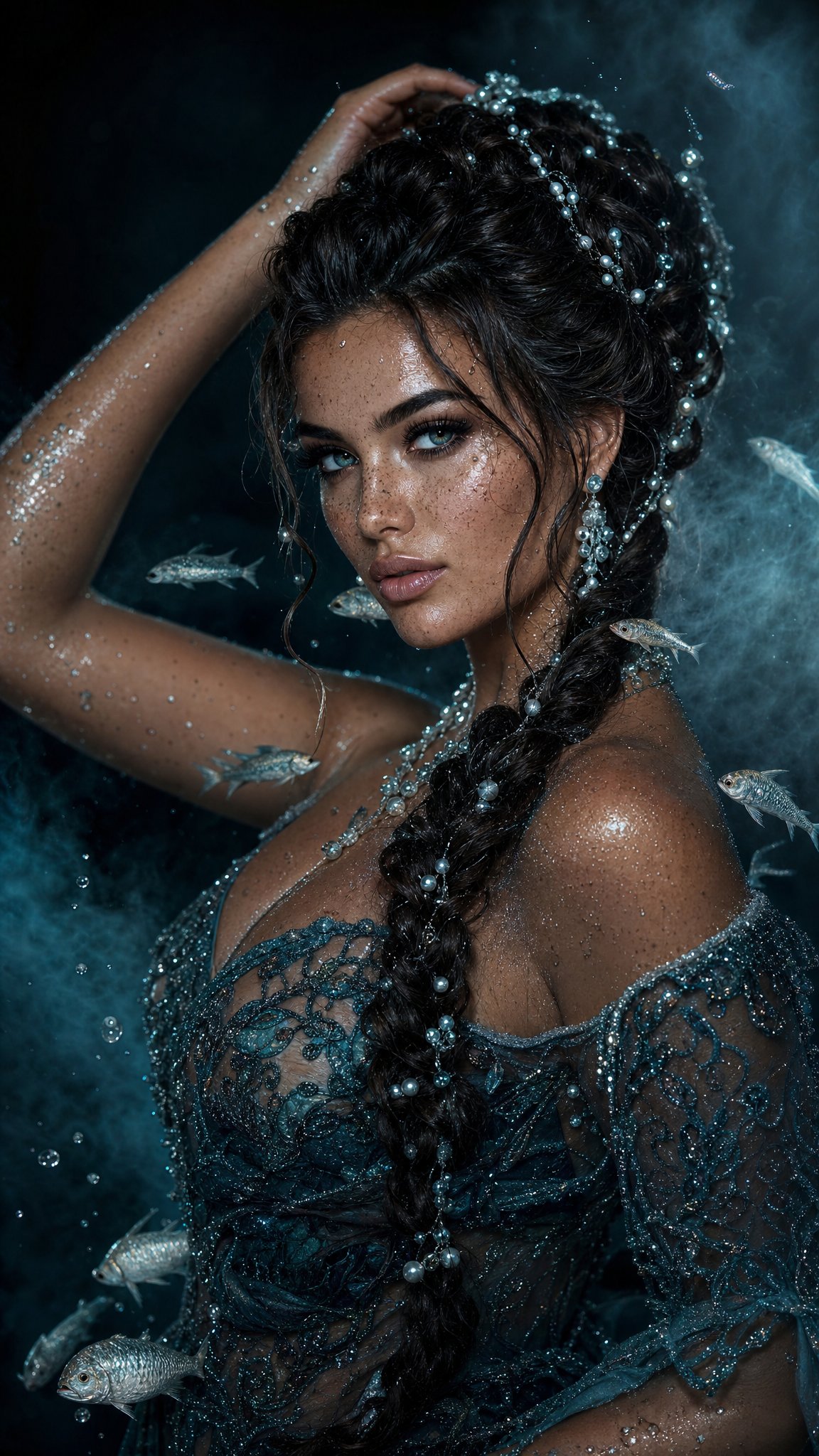 Dark fantasy cinematic portrait photography], [beautiful woman with [волосы заплетены в сложную косу с вплетёнными жемчужинами и мелкими белыми бусинами, большое количество веснушек на лице и плечах, яркие глаза, светлая кожа, покрытая каплями воды и блёстками] в изысканном тёмно-бирюзовом кружевном платье с открытыми плечами и сложной вышивкой], [стоит вполоборота, смотрит прямо в камеру с уверенным и загадочным взглядом, одна рука поднята за голову, пальцы касаются косы], [маленькие серебристые рыбки плавают возле лица и шеи, капли воды и блёстки покрывают кожу и волосы], [тёмный студийный фон с лёгким дымом или туманом], [холодная тёмная цветовая палитра: глубокие бирюзовые, серебристые и чёрные тона с яркими акцентами на коже и рыбках], [Canon EOS R5, 85mm lens, f/1.8, cinematic fantasy color grading], [драматический боковой свет с сильными бликами на мокрой коже и чешуе рыбок, мягкие тени, moody underwater-inspired atmosphere], [правило третей, близкий портрет с акцентом на лицо, волосы и детали платья, динамичная поза], [высочайшая детализация мокрой кожи, текстуры кружева, жемчуга, блёсток, рыбок и волос, магическая siren-like атмосфера, photorealistic, intricate details, 8k
9:16