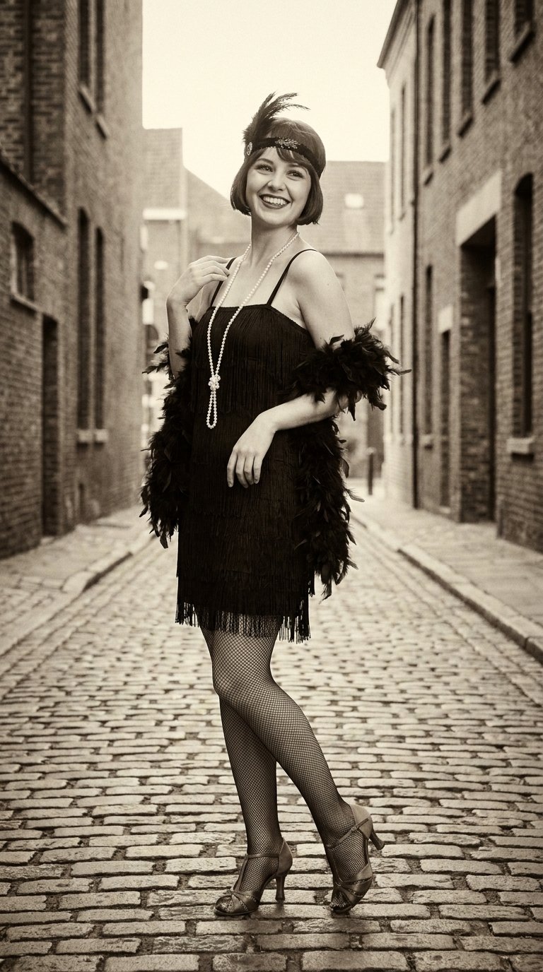 ⁨Photograph, woman in foxtrot costume, early 20th century fashion, Gatsby style, Vintage look, 1920s attire, cobblestone street, young woman, skimpy clothes, sepia, short black low-waist sack dress, all fringe, straight silhouette, straps, feather boa, long pearl necklace, bob hairstyle, feather forehead band, fishnet stockings, high heels, smiling, white background, studio lighting, high resolution, high detail.