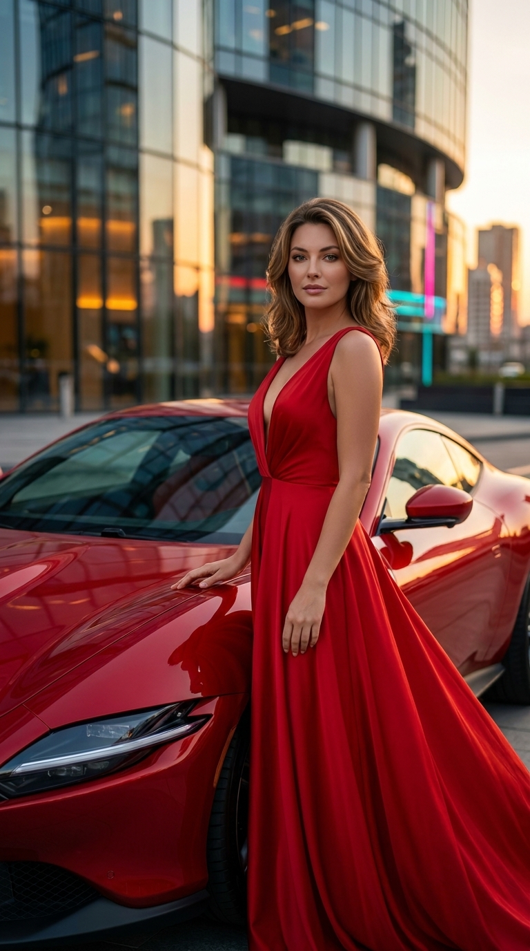 Use reference image, maintain 100% facial features and identity, exact face match. Ultra-realistic 8K luxury automotive advertisement photograph, stunning beautiful woman 30-35 years old with elegant features, sophisticated makeup, wearing haute couture red silk dress that complements the car color, standing confidently next to a sleek red Ferrari sports car in golden hour lighting. Cinematic composition with shallow depth of field, bokeh background of modern glass architecture. Neon and fiery color palette with warm amber tones reflecting on polished car surface. Woman has calm knowing gaze directly at camera, one hand lightly touching the car's hood. Professional studio-quality lighting with dramatic shadows and highlights. High-end fashion campaign aesthetic, Vogue magazine level production value. Smooth gradients, no harsh contrasts. Background shows blurred urban skyline at sunset. Crystal clear details, brand-level quality, wow effect."
**Негативный промт: "no magic, no fantasy elements, no mystical themes, no horror, no action scenes, no black screens, no text overlays, no men in frame, no sharp movements, no noise, no unnecessary visual clutter, no cartoonish elements, no low resolution, no blurry subject, no overexposed areas, no underexposed shadows, no cheap aesthetics, no amateur photography, no distorted proportions, no unrealistic colors, no comic book style, no anime style, no watermarks, no logos except car brand, no busy background, no harsh lighting, no flat composition"

