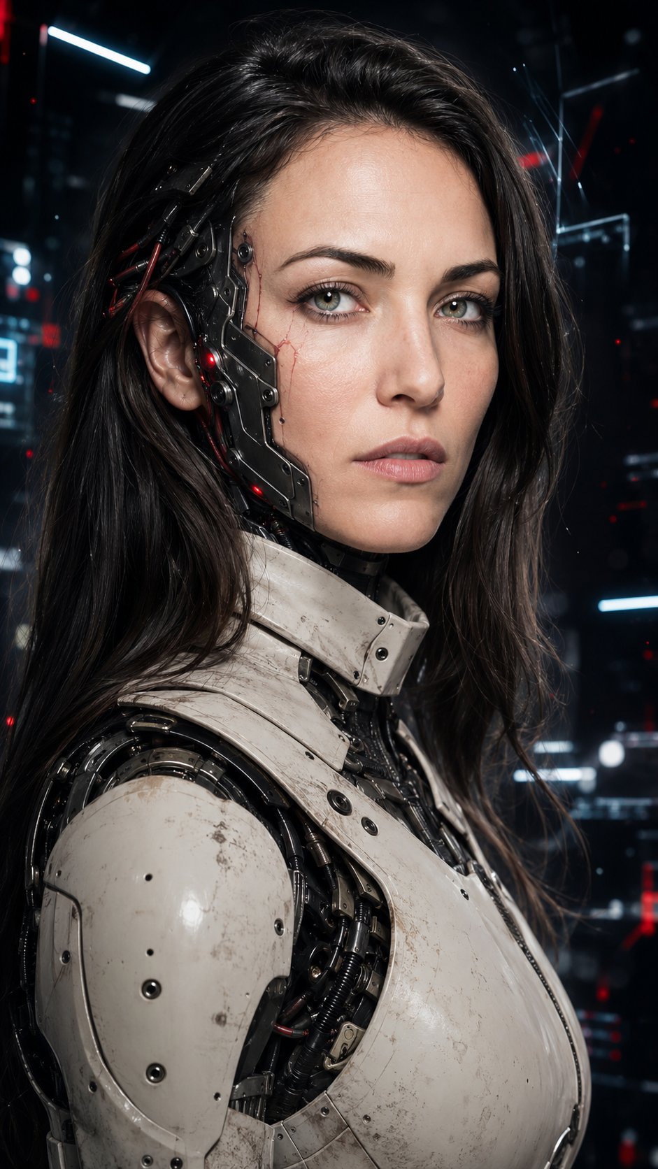 Close-up, three-quarter profile portrait of a woman centered in frame, head slightly right of center, facing leftward. Her head and upper torso occupy approximately 85% of height and 60% of width. Background is cyberspace: dark void with floating holographic lines, glowing neon outlines, digital particles, and abstract light structures creating depth and futuristic atmosphere.
Her face, features, hair color, eye color, and skin tone exactly match the provided reference photo. Mechanical elements on the left side of the face feature black and gunmetal gray components with red wiring and small red lights. Natural eye color (from reference), neutral expression, closed lips (color from reference), subtle red streaks near the implants. Upper torso showcases off-white segmented armor with weathered texture, visible bolts, and mechanical tubing. A high white collar frames the neck, contrasting with the machinery.
Soft directional lighting from front-left creates gentle shadows, emphasizing textures and details. Color palette includes hair and skin colors (from reference), off-white, black, and steel. Shallow depth of field focused on face and mechanical elements. Photorealistic, 8K, vertical 9:16, cinematic, futuristic.