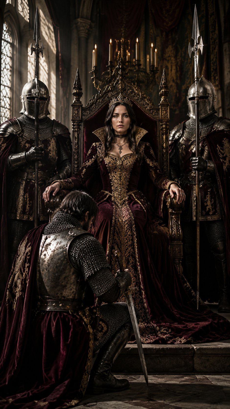 Medieval throne room in high-fashion Vogue editorial style. In the center, on an ornate carved wooden throne with velvet upholstery and gilded details, sits a queen. Her face, features, hair color, eye color, skin tone, and makeup exactly match the provided reference photo. She wears a luxurious medieval gown of heavy velvet and brocade with gold embroidery, high collar, long sleeves, and precious jewelry (necklace, earrings, tiara). Pose — regal, straight back, hands on armrests, confident gaze into the camera.
On both sides of the throne stand two knights in full armor, helmets with visors, holding long spears, shafts resting on the stone floor. Their armor is detailed — aged metal, engravings, fabric capes with family crests. Before the throne, a third knight kneels on one knee, wearing chainmail, his sword pointing down to the floor, head slightly bowed in reverence.
Interior — gothic hall with tall arched windows, stone columns, heavy tapestries, and flickering candles in massive chandeliers. Lighting — dramatic, with side light from windows creating deep shadows and emphasizing textures of metal, wood, and fabric. Color palette — deep burgundy, dark gold, steel gray, ivory. Atmosphere — epic solemnity, medieval luxury, styled as a modern fashion editorial. Photorealistic, cinematic light, 4K, 3:4 format. No text, no labels.