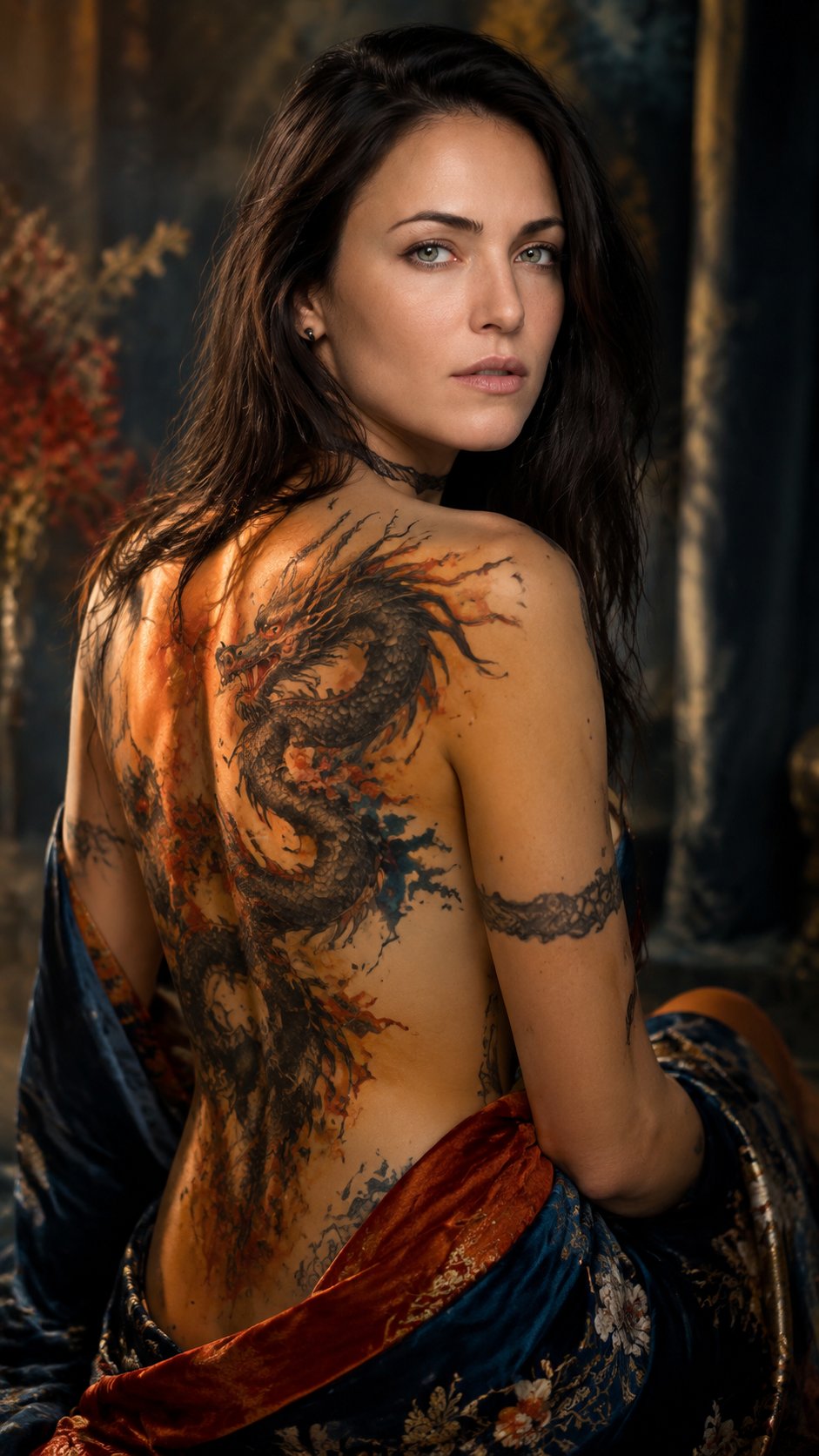 Use the face, features, hair color, eye color, skin tone, figure, and all appearance details exactly from the provided reference photo. The girl from the reference — her face, hair, eyes, skin — unchanged. On her shoulder or back — a large detailed dragon tattoo in oriental style (if the reference already has a tattoo, preserve it; if not, add it as an artistic element). The tattoo is made with crisp ink lines and watercolor washes. Multi-layered composition, multi-textured: combination of dense matte skin, glossy silk, heavy velvet, and sheer chiffon. Creative color palette — deep indigo, muted gold, warm terracotta, and cool pearl. Artistic style inspired by Alexey Kurbatov (graphic clarity + painterly stains), Konstantin Razumov (realistic portrait + impressionistic background), and Lee Bogle (romantic realism, soft light, mystical atmosphere). Cinematic lighting, shallow depth of field, focus on textures and tattoo details. Photorealistic, 8K, vertical 9:16.