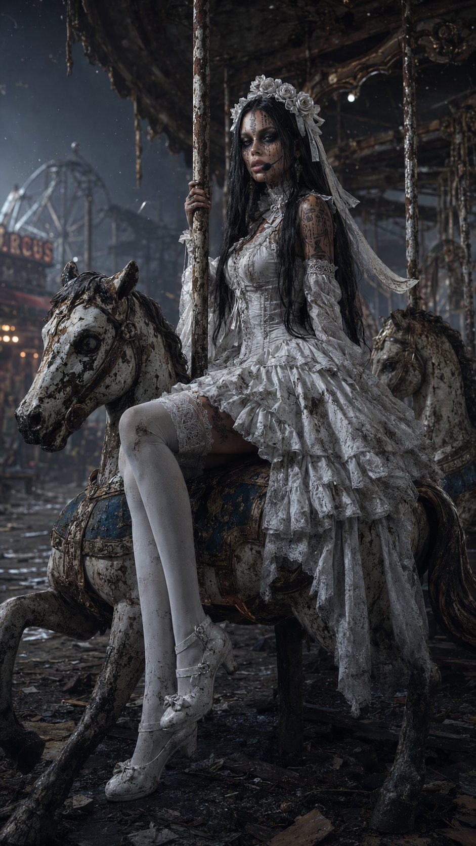 Using the uploaded image as the exact reference for the subject's face, facial features, skin texture, skin tone, natural hair color and structure, and body proportions (all preserved without modification). Create a hyperrealistic cinematic portrait of the same young woman styled as a gothic lolita, sitting on a decaying carousel in a dark abandoned amusement park. She radiates eerie melancholy and sinister innocence. She sits sidesaddle on an old carousel horse, one hand gripping the rusted pole, body slightly turned toward the viewer, legs elegantly positioned, with a distant yet piercing gaze directly at the camera. She wears an ornate white gothic lolita dress with a high collar, corset, layered ruffled skirt and lace details, now stained and tattered, white thigh‑high stockings, delicate white shoes, and a white floral headpiece — all with a weathered, ghostly appearance. The carousel itself is vintage and decaying, with rusted metal, peeling paint, broken horses, scattered debris on the ground, subtle mist and floating particles in the air. Nighttime abandoned carnival, dramatic cinematic moody lighting: strong volumetric side and rim lighting creating deep shadows and ethereal highlights on her skin and hair, cool desaturated tones with faint ominous glows. Shallow depth of field with rich bokeh, ultra‑detailed lifelike textures: skin pores, micro‑cracks, fabric wear, lace details, rust and peeling paint. Photorealistic, 8K.