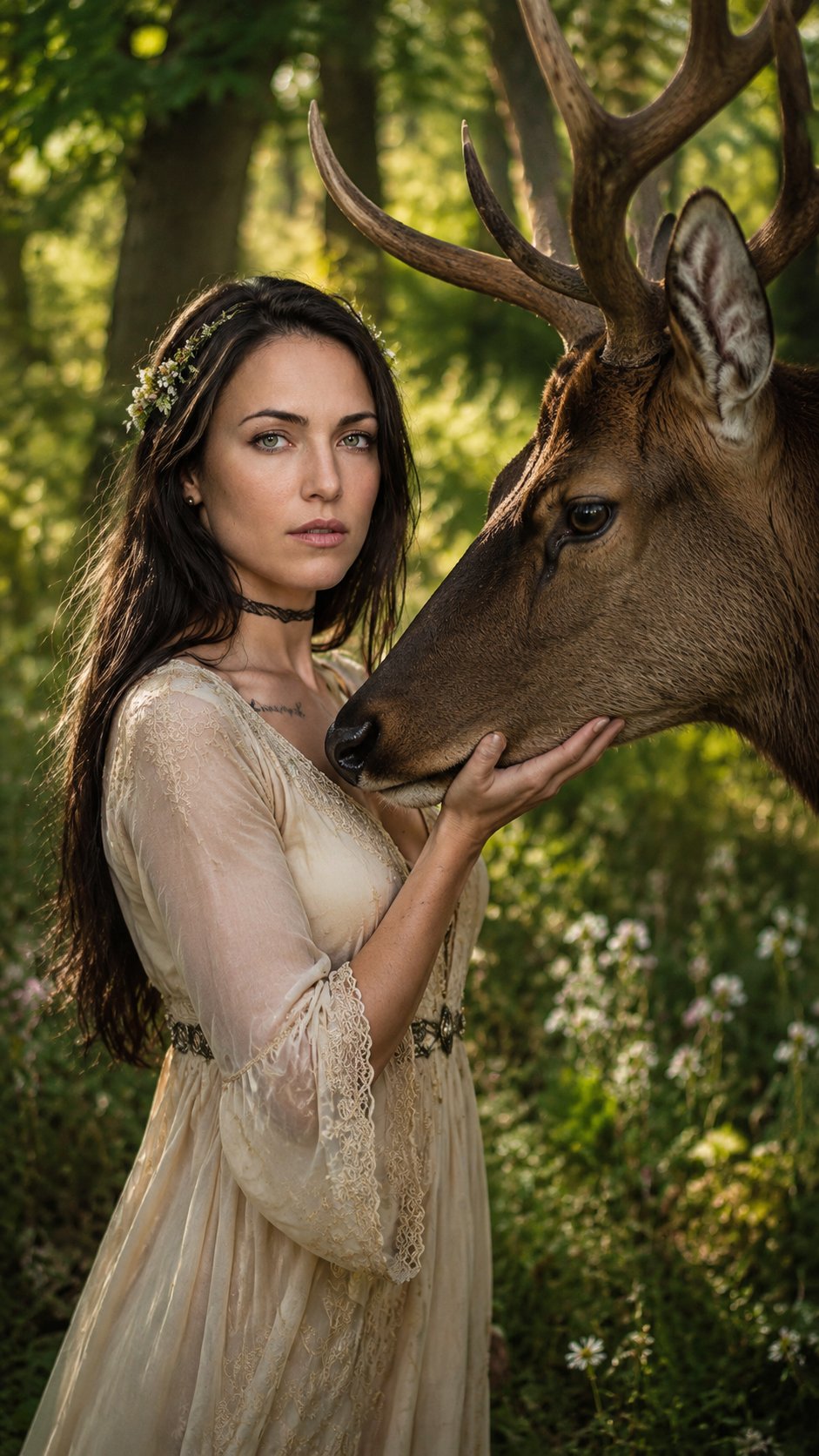 Cinematic summer fantasy portrait. A young woman faces the camera, her face, features, hair color, eye color, and skin tone exactly matching the provided reference photo. Beside her, in profile (side view), stands a massive majestic deer with large branched antlers. She gently holds her palm under his head (under the chin), her gaze directed straight at the lens. She wears an elegant historical empire-waist or medieval-style gown (color and texture as per reference, or a soft pastel hue) with intricate embroidery and lace cuffs. Her hair (matching reference) is styled loosely, adorned with fresh wildflowers or a thin green vine.
The scene is set in a lush summer forest: rich greenery, soft sunlight filtering through the canopy, flowering meadow grasses, warm highlights and shadows. The air is clear and warm. A light breeze slightly stirs her hair and the fabric of her dress. Hyper-realistic textures: flowing hair, embroidered fabric, deer fur and antlers. Soft diffused lighting, shallow depth of field, cinematic composition. Photorealistic, 8K, vertical 9:16 aspect ratio.