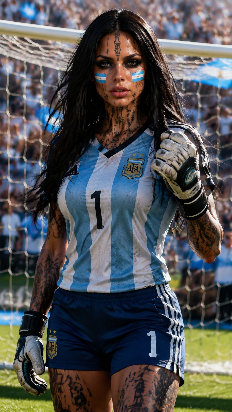 Vertical 9:16, photorealistic, cinematic, 8K, hyper-detailed.
Sports fashion shoot: a female goalkeeper stands on the goal line, confident and athletic. Her face, features, hair color, eye color, skin tone, and figure exactly match the provided reference photo. She wears a tight-fitting Argentina national team goalkeeper jersey (with a collar) and blue shorts, goalkeeper gloves on her hands. Argentina flag face paint on her cheeks. Hair (as per reference) flows loosely, slightly tousled by the wind. Gaze directed at the camera, expression focused, sporty, with a slight confident half-smile. Pose is dynamic, ready for action — one gloved hand raised or clenched, the other relaxed.
Behind her — a goal net. In the background — a crowded stadium, blurred with bokeh. Bright sunlight, contrast shadows, shallow depth of field. Atmosphere — sports celebration, energy, drive. Ultra-detailed: fabric texture, netting, gloves, skin, hair. Photorealistic, 8K, seamless.