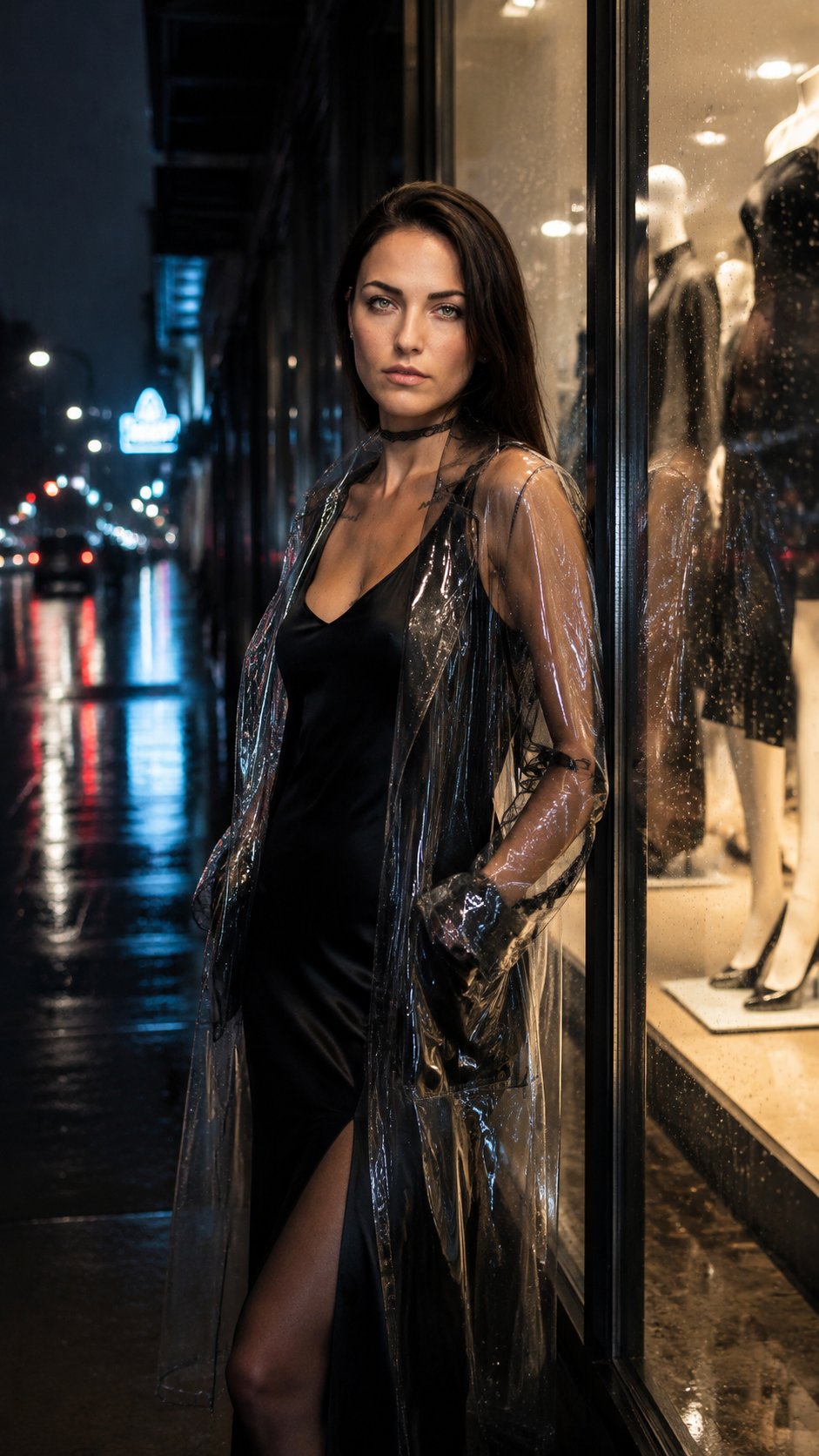 Vertical 9:16, photorealistic, cinematic, 8K, hyper-detailed.
Night fashion shoot: a woman stands alone in front of a luxury boutique window. Her face, features, hair color, eye color, skin tone, and figure exactly match the provided reference photo. She wears an elegant black silk slip dress, over which she wears a transparent glossy vinyl raincoat that clings to her silhouette, reflecting neon light highlights. Her expression is melancholic, lonely, with slight vulnerability in her eyes.
Behind the glass — a brightly lit luxury boutique interior with elegant mannequins and expensive clothing. Outside — a dark rainy city street, wet asphalt reflecting neon signs and street lamps. Atmosphere — cinematic, melancholic, feeling of isolation and alienation. Dramatic lighting with contrast shadows and cool highlights.
Ultra-detailed: skin texture, raindrops on vinyl, reflections in glass, wet asphalt. Style — fashion photography, moody noir atmosphere. Photorealistic, 8K.