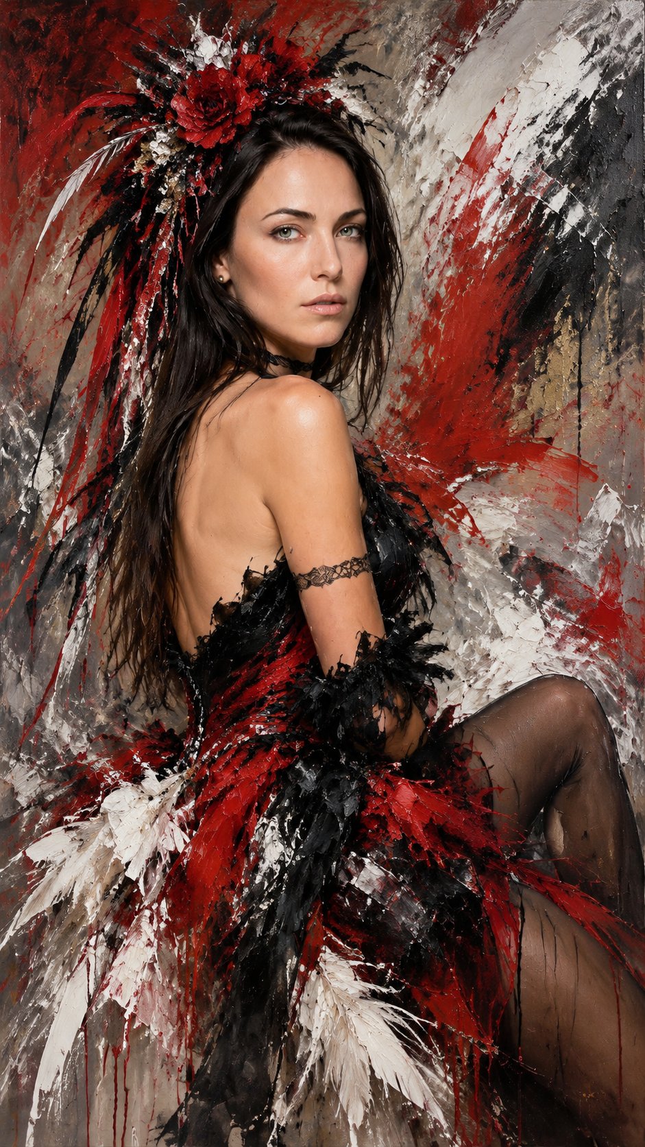 Masterpiece, expressive contemporary oil painting, museum-quality fine art, dynamic brushwork, palette knife painting, semi-abstract figurative realism.
Use the provided reference photo for the woman's face, facial features, hair, skin tone, and body proportions — keep them exactly as in the reference without any changes.
A striking young woman seated gracefully, turning her head over her shoulder and gazing directly at the viewer with an intense, mysterious expression. Her hair flows as in the reference. She wears an extravagant avant-garde dress composed of dramatic red, black, and white fabrics: flowing layers of silk, tulle, feathers, and textured textiles creating movement and energy. Black sheer stockings accentuate her elegant pose.
A magnificent artistic headdress made of crimson flowers, feathers, ribbons, and abstract decorative elements crowns her hair, creating a bold fashion statement.
The composition is filled with movement and emotion. Vibrant splashes of crimson, scarlet, black, white, and silver paint dissolve into the background. Loose expressive strokes, spontaneous textures, thick impasto, palette knife effects, painterly abstraction surrounding the figure.
Soft studio lighting illuminates her face and shoulders while the background remains an abstract symphony of color and motion. The painting balances realism and abstraction, beauty and artistic chaos.
Inspired by modern impressionism, Anna Razumovskaya, Pino Daeni, Richard S. Johnson, fashion illustration, haute couture elegance. Rich oil textures, visible brushstrokes, expressive paint application, dynamic composition, fine art masterpiece, highly detailed face, painterly atmosphere, gallery quality, ultra detailed, 8k, vertical 9:16 aspect ratio.