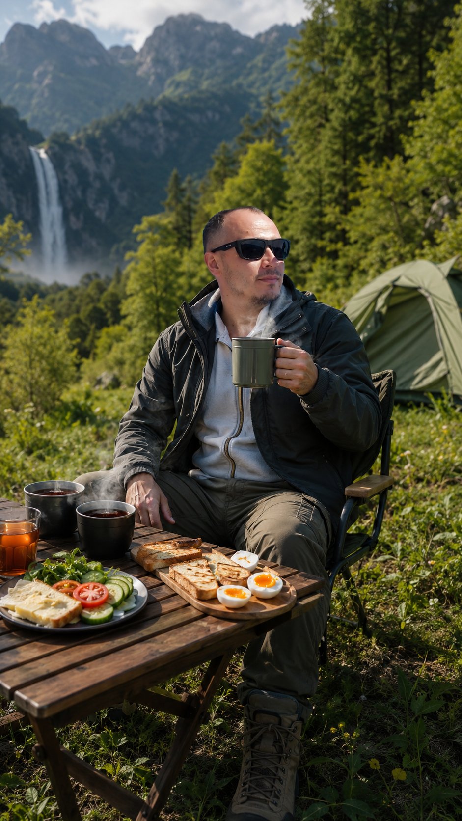 photo-realistic morning outdoor breakfast scene, a person sitting at a wooden table in nature, holding a camping mug with hot coffee with light steam rising, outdoor sports clothing (hiking jacket, cargo pants, hiking boots), two steaming cups of black tea, glass of amber tea, plate with cheese toast and fresh vegetables, wooden board with toasted sandwiches and soft boiled eggs, lush green forest and mountains in background, green camping tent on grass, misty waterfall in distance, natural soft morning light, vibrant colors, ultra detailed textures, shallow depth of field, DSLR photography, 8k, sharp focus, realistic shadows and highlights
CRITICAL: Preserve the reference person's exact facial features, body structure, hairstyle, and physical proportions with 100% accuracy. Only modify the clothing to outdoor sports attire.