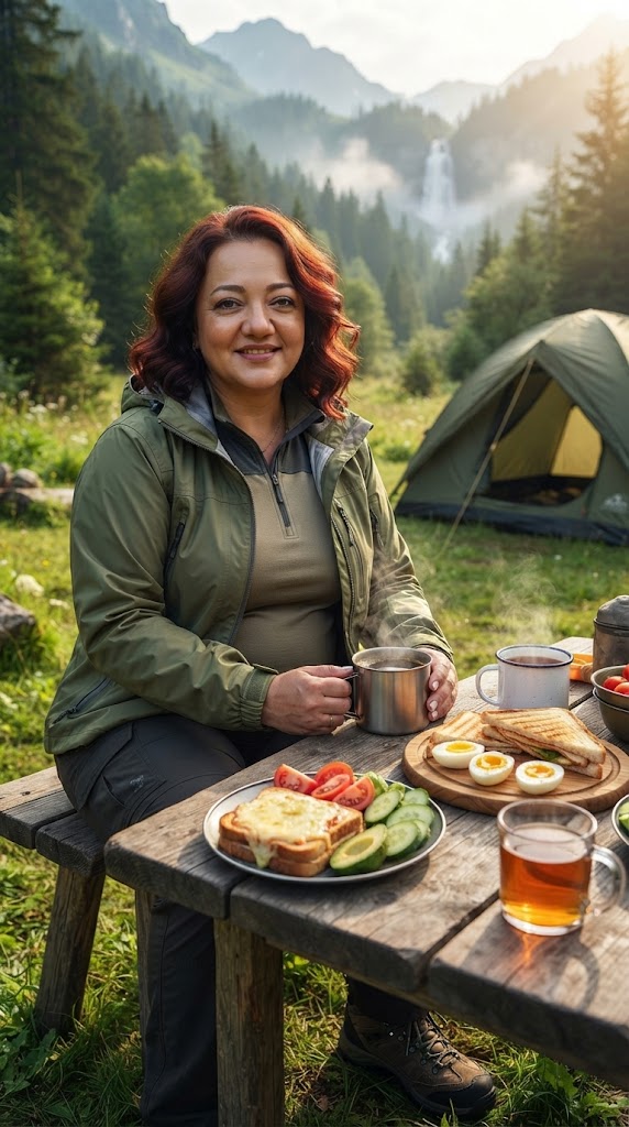 photo-realistic morning outdoor breakfast scene, a person sitting at a wooden table in nature, holding a camping mug with hot coffee with light steam rising, outdoor sports clothing (hiking jacket, cargo pants, hiking boots), two steaming cups of black tea, glass of amber tea, plate with cheese toast and fresh vegetables, wooden board with toasted sandwiches and soft boiled eggs, lush green forest and mountains in background, green camping tent on grass, misty waterfall in distance, natural soft morning light, vibrant colors, ultra detailed textures, shallow depth of field, DSLR photography, 8k, sharp focus, realistic shadows and highlights
CRITICAL: Preserve the reference person's exact facial features, body structure, hairstyle, and physical proportions with 100% accuracy. Only modify the clothing to outdoor sports attire.
Скрыть ( убрать) живот ( признак беременности)