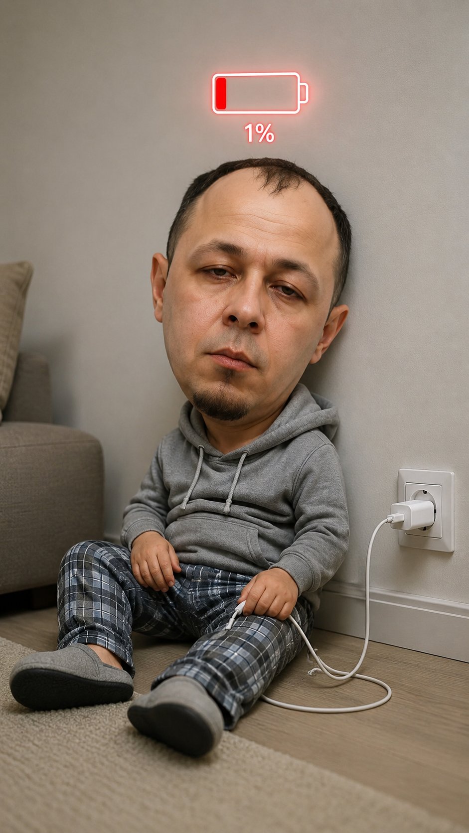 Use the uploaded portrait as the strict identity reference for the face, facial features, skin tone, hairstyle, age, and overall vibe.
Create a realistic, high-quality humorous portrait of the same person as if they are at 1% battery. Use a big-head, small-body style while keeping the face highly recognizable. The subject should look sleepy, exhausted, drained, and low-energy, with heavy eyelids, a blank or half-asleep expression, slumped posture, and a funny "I need charging" vibe.
Place a red 1% battery icon above the head and optionally include a charging cable leading toward a visible wall outlet.
Use a simple indoor setting (bedroom, living room, office corner, or beside a sofa/bed) with a visible wall socket, soft natural or ambient lighting, and a quiet, cozy atmosphere. Show the character sitting weakly on the floor, leaning against a wall, with relaxed loungewear, pajamas, hoodie, or casual home clothes.
Use a vertical (4:5 or 9:16) composition showing the full small body and oversized head. Keep the image clean, meme-worthy, cute, relatable, and photorealistic.
Negative Prompt: cartoon, anime, illustration, horror, creepy face, grotesque distortion, extra limbs/fingers, broken anatomy, unreadable battery icon, copied background, glamorous styling, dramatic action pose, bright smile, text clutter, watermark.