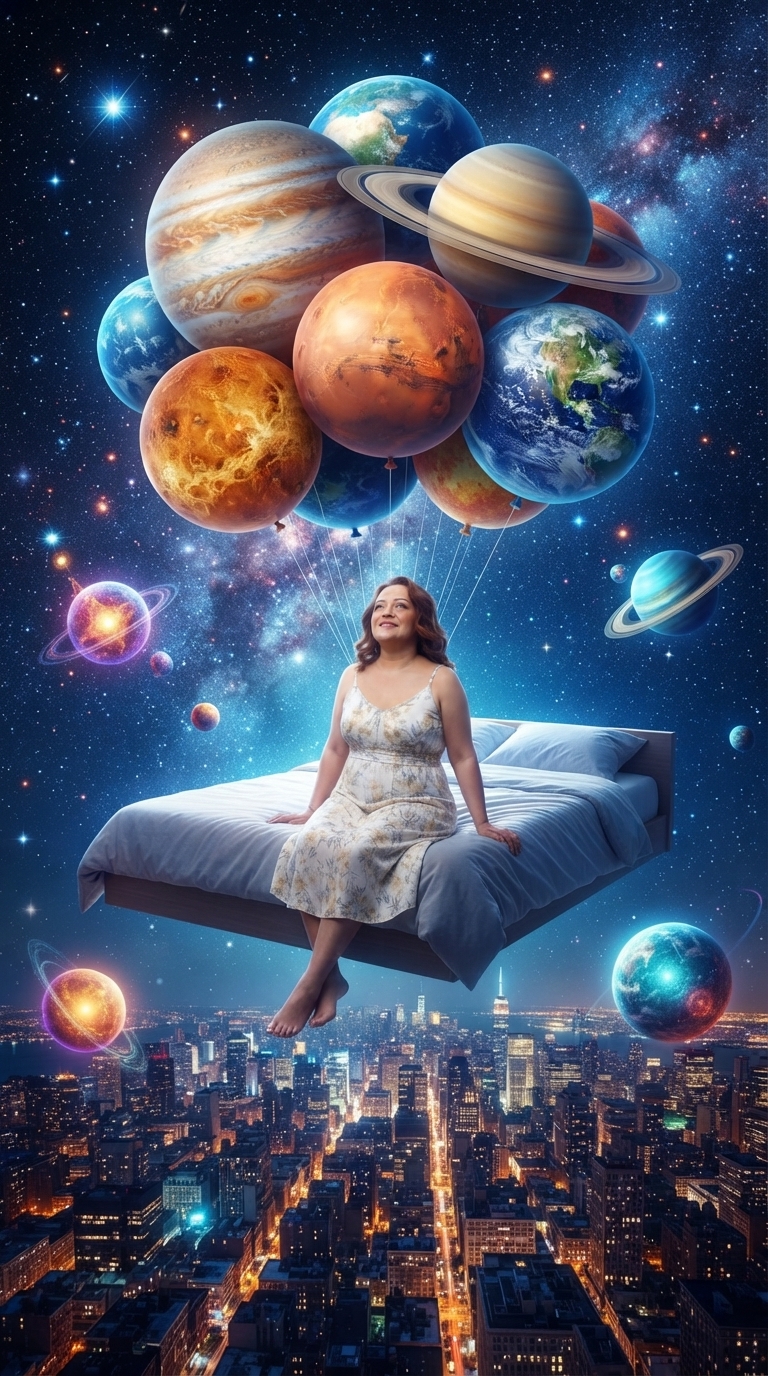 A person sitting peacefully on a bed with legs dangling over the edge, the entire bed levitating upward held by a cluster of giant balloons shaped like colorful planets, space art, hyper-realistic photography, soaring through the sky above a glowing night city, maximalist surreal composition, floating objects everywhere, dreamy ethereal atmosphere, cosmic birth of the universe, bright vibrant colors, magical starry night, astronomical details, phone wallpaper aesthetic, the person wearing their exact original outfit from the reference photo unchanged
CRITICAL: Preserve the reference person's exact facial features, body structure, hairstyle, and physical proportions with 100% accuracy. KEEP THE ORIGINAL CLOTHING from the reference image completely unchanged - do not modify, replace, or alter any clothing items.