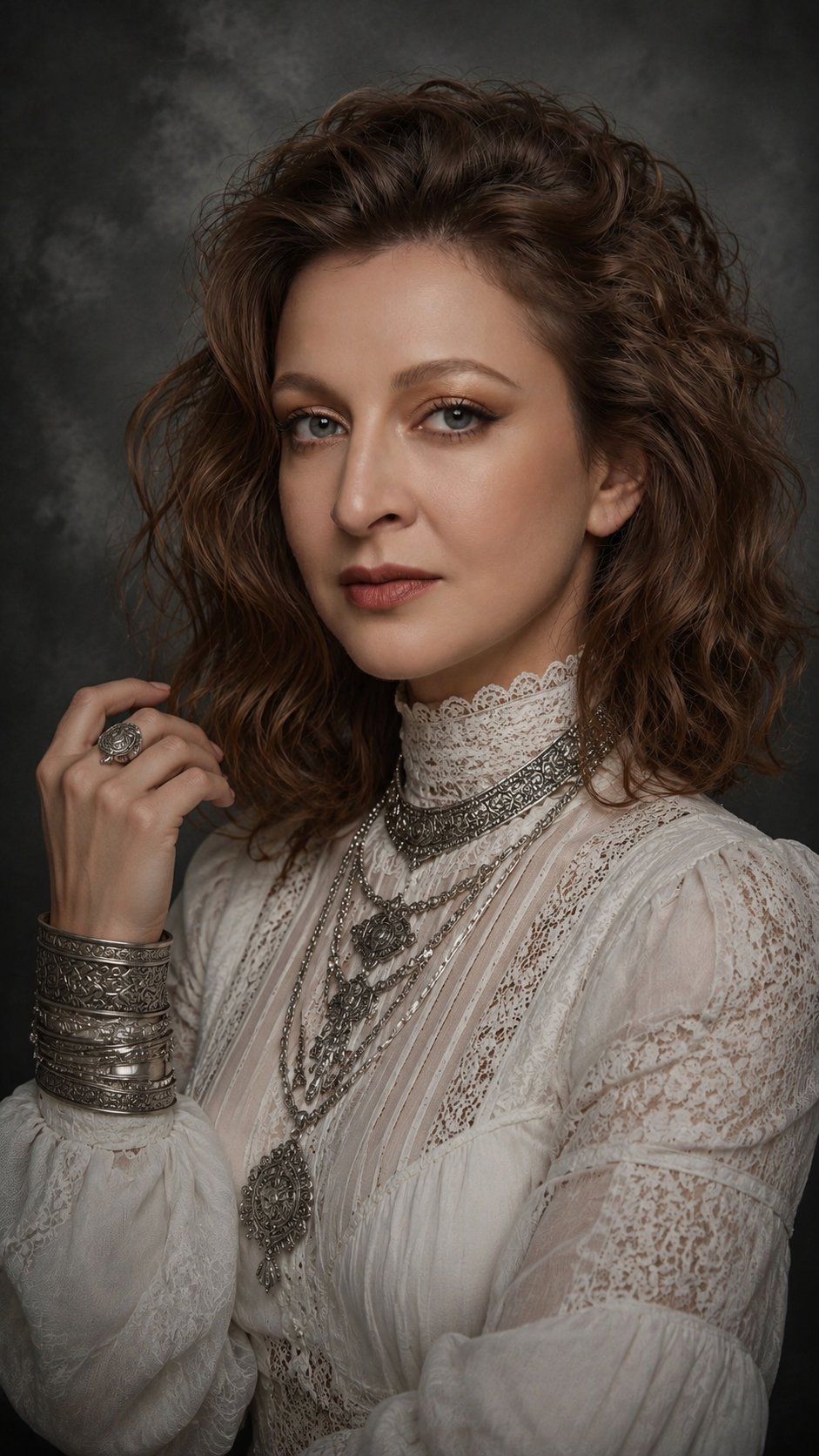 совпадение с референсом 100 процентов. Портрет beautiful woman with curly hair, pale skin, wearing an intricate white victorian high-neck blouse, heavy silver ornate jewelry, layered necklaces, silver cuff bracelets, stormy grey background, moody atmosphere, cinematic lighting, shot in the style of