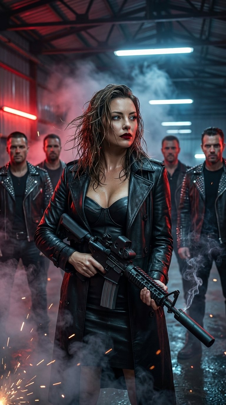 
Сохрани 100% идентичность внешности  персонажа загруженного рефенса, не меняя лицо. Кинематографический портрет в стиле нуар-экшн. В центре композиции, на переднем плане, роскошная и опасная женщина 30–35 лет. Её внешность — это симбиоз жесткой силы и холодной красоты: волевой взгляд исподлобья, яркая помада цвета запёкшейся крови, мокрые волосы, развевающиеся на ветру. На ней дорогой кожаный плащ премиального кроя, полностью расстегнутый, под которым короткое кожаное платье-бюстье или мини-юбка, подчёркивающая длинные ноги. В руках — тяжелый автомат с тактическим глушителем, дымящийся после выстрела. Вокруг неё, в расфокусе, по двое мужчин с каждой стороны (всего четверо), одетых в кожаные прозжаки с металлическими заклёпками, их лица скрыты полумраком или капюшонами, они создают живую стену из стали и кожи. Атмосфера: промышленный ангар, залитый кроваво-красным неоном и холодным синим светом, идёт густой дым, сверкают искры и разлетаются брызги воды. Цветокоррекция контрастная, с акцентом на текстуру кожи и металла. Динамическая композиция с эффектом "параллакса" и глубиной резкости (малая глубина). Формат строго вертикальный 9:16. Стиль: высокобюджетная реклама люксового бренда, гиперреализм, драматичное освещение, Vogue интенсив. Эпичный, мощный, вау-эффект.
Негативный промт (Что исключить):
Избегай дешевизны, мыльных фильтров, плоского света. Без улыбок, без поз "модель на подиуме". Исключи грязь на одежде вместо стильного износа. Никаких пиксельных артефактов, неестественных поз рук, лишних предметов на заднем плане. Без карикатурных и комиксных персонажей. Только суровая реалистичность без глянцевого перегиба. Без размытых текстур и пластиковых лиц. Никакого цветового шума.
Технические параметры для генерации 
Разрешение: 1080x1920. Шаг совместимости (CFG Scale): 7–9. Стиль: Cinematic, Photorealistic, Dark Noir.