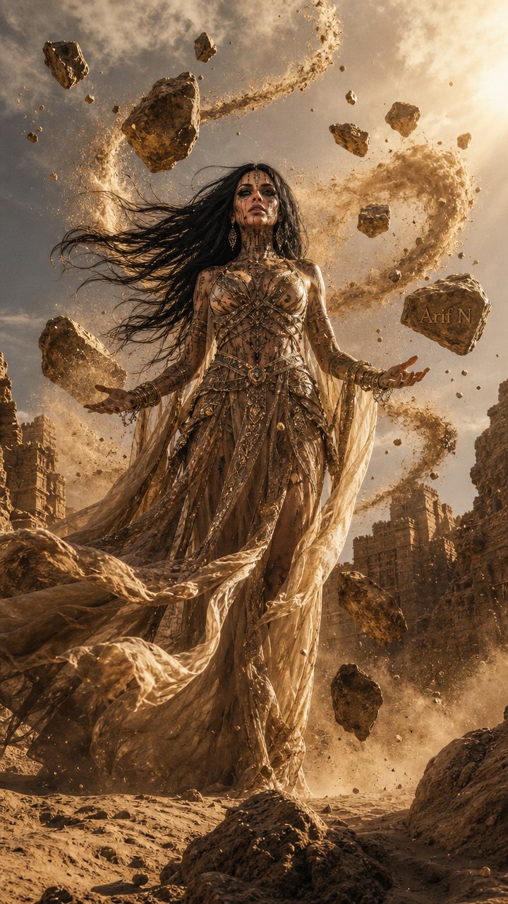 cinematic realistic fantasy photograph of a beautiful woman, 24 years old, standing in the center of an ancient desert canyon while commanding the power of sand, earth, and floating rocks. Massive boulders levitate around her in a dynamic orbit, streams of golden sand spiral upward like living energy, fragments of stone suspended in midair under her control. She wears an elegant desert queen gown crafted from layered silk chiffon, weathered linen, and ornate metallic embroidery inspired by ancient civilizations. Long dark hair flows violently in the desert wind, her expression calm, powerful, and mysterious. Low-angle full-body composition emphasizing dominance and scale. Ancient ruined temples emerge from the dusty horizon. Thousands of glowing sand particles fill the atmosphere, cinematic volumetric lighting, dramatic clouds, realistic dust trails, subtle debris motion, epic fantasy realism. Warm golden-hour sunlight piercing through airborne sand creates breathtaking god rays and atmospheric depth. Hyper-detailed textures, realistic skin, natural fabric movement, large-scale environmental storytelling, Hollywood fantasy blockbuster aesthetic, inspired by Dune and elemental magic mythology, Kodak Portra 400 color grading, ultra realistic photography, small elegant watermark \"Arif N\" naturally engraved on an ancient stone fragment floating beside her",