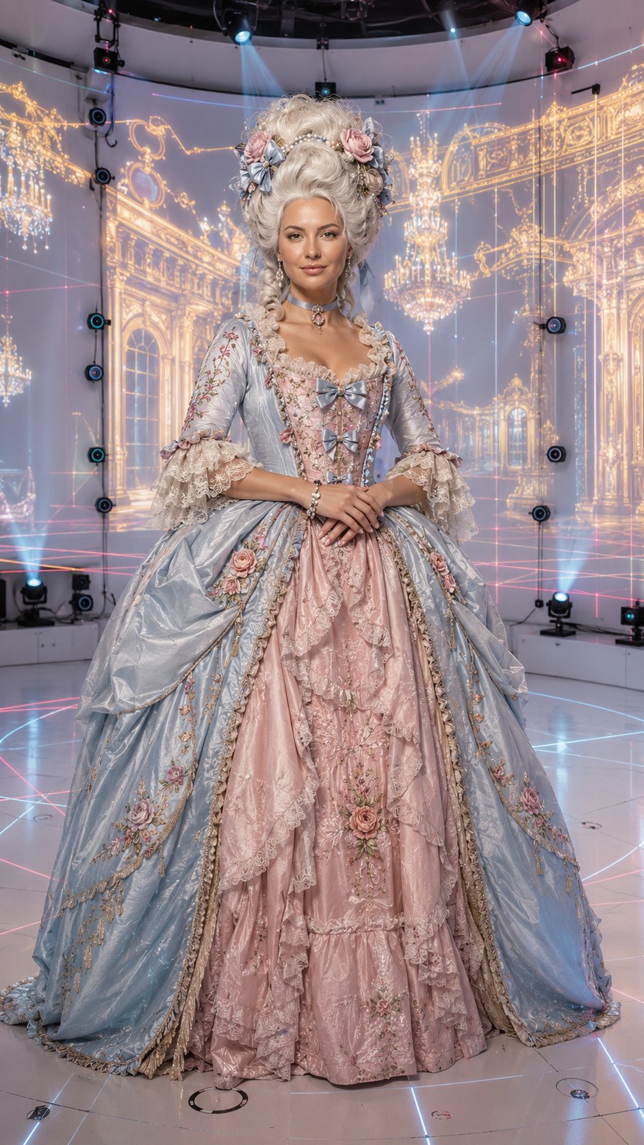 Use reference image, maintain 100% facial features and identity, exact face match.Full body shot, vertical 9:16 format. A beautiful 30-35 year old woman standing in a sleek, minimalist, white futuristic VR motion capture and holographic projection studio. She is dressed in an extravagant 18th-century Rococo gown in pastel pink and baby blue silk, with wide panniers, intricate floral embroidery, and lace ruffles. Her hair is a towering, powdered white wig styled with blue silk ribbons, fresh pink roses, and pearl ornaments. She wears delicate antique Rococo jewelry: a choker with a large diamond, pearl drop earrings, and a delicate gold bracelet. The background features a high-tech studio with laser grids, motion capture sensors on the walls, and a massive, glowing holographic projection of a golden Versailles ballroom surrounding her. Cinematic lighting: bright, clean studio lighting mixed with the magical, glowing pastel light from the holograms. Volumetric light beams from the projectors. Shot on Sony A7R V, 85mm lens, f/1.8, hyper-realistic, 8k, ultra-detailed lace and silk, high-end fashion campaign, surreal and elegant, WOW effect. Негативный промт: ugly, deformed, poorly drawn face, bad anatomy, extra limbs, missing fingers, modern clothing, modern dress, dark hair, natural hair, messy hair, dirty studio, dark room, low resolution, blurry, pixelated, watermark, text, logo, signature, cartoon, anime, illustration, 3d render, plastic skin, doll-like, cheap fabric, polyester, boring background, flat lighting, harsh shadows, distorted perspective, fisheye, oversaturated, creepy, horror.