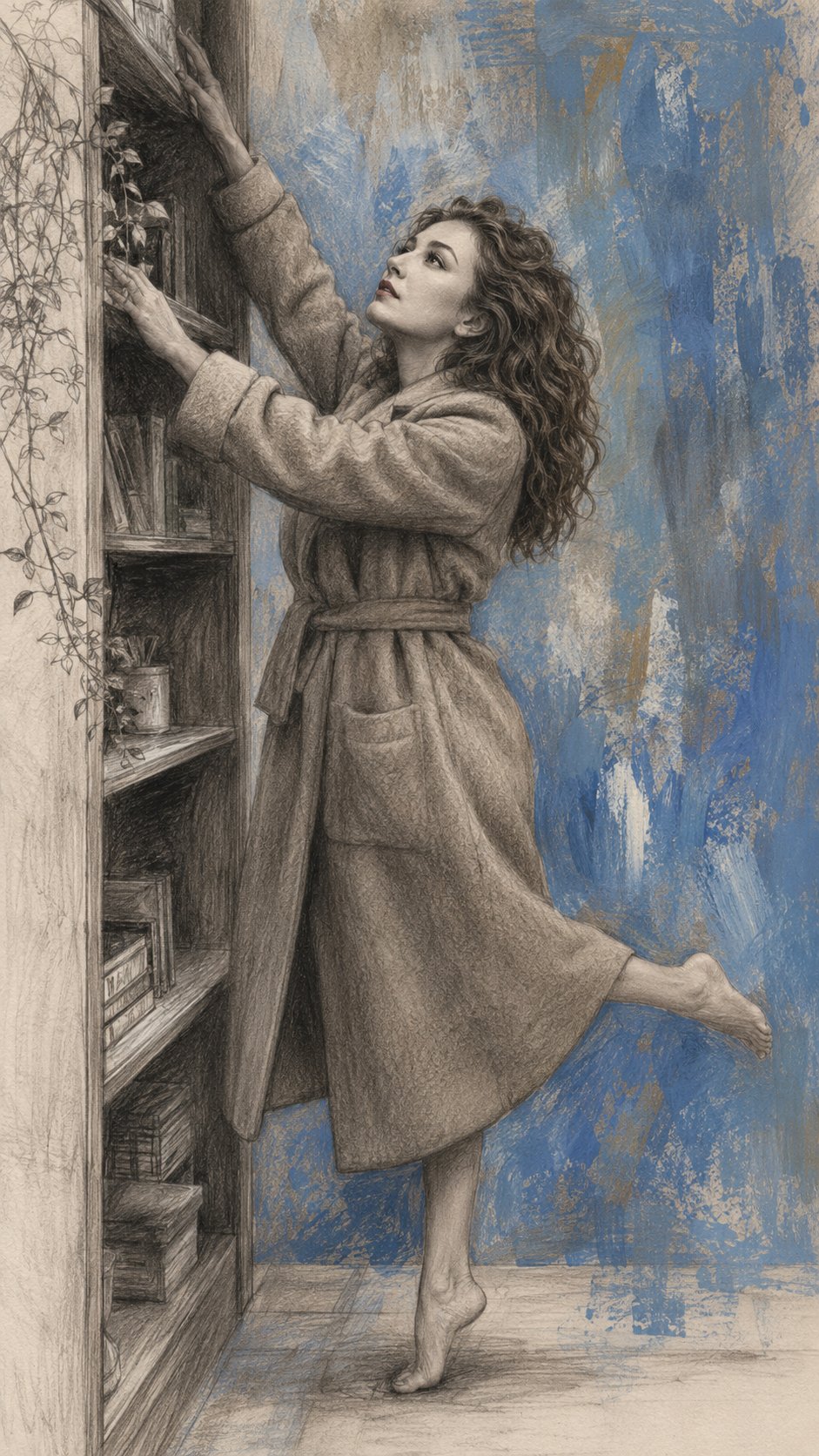 Совпадение с референсом 100%. drawing: girl with graphite pencil, dense shading in the figure, shading. the background is painted in color, rough, sloppy strokes of blue and gray. a girl in a long camel-colored woolen coat stands on her toes, reaching for a high shelf. arms extended upward, one leg lifted off the floor. face up: traced eyebrow hairs, thick eyelashes, plump lips. burgundy accent on the lips. atmosphere: effort, lightness, everyday miracle.