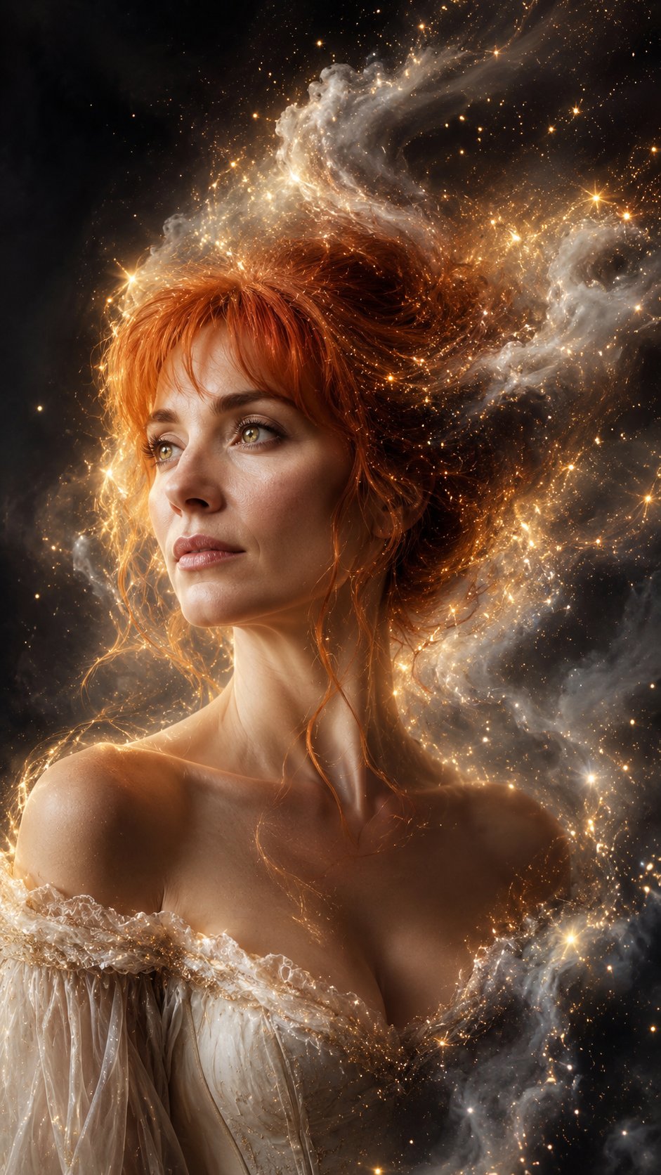 Breathtaking close-up fantasy portrait of a woman from the waist up. Her face, features, hair color, eye color, skin tone, and makeup exactly match the provided reference photo. She looks into the distance with a serene, powerful expression. Her hair (color and texture from reference) seamlessly transitions into a swirling, dreamlike cosmic nebula made of white and grey storm clouds, heavily infused with thousands of tiny, glittering gold and silver stars and glowing space dust. Warm, magical light emanates from within her hair, highlighting the contours of her face and casting a golden rim light. Hyper-realistic skin texture, detailed eyelashes and brows. The background is a soft, dark misty void. Intense high-contrast lighting, celestial masterpiece, photorealistic, 8k resolution, vertical 9:16 aspect ratio.