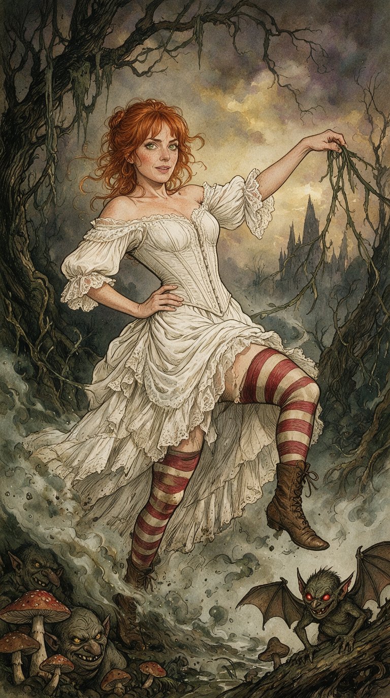 Arthur Rackham style illustration, dark fairy tale, gothic whimsical. A mucky, swampy substance drifts past in the foreground. A stretching process of striped stockings, elongated and surreal. A vehement diva (use the face, features, hair color, eye color, skin tone, and figure from the provided reference photo exactly) stands or poses dynamically. Mushrooms growing at the bottom of the frame, ogres lurking underneath. Unusual perspective, Dutch angle (tilted camera), imps in the bottom right corner. Ink and watercolor texture, crosshatching, detailed linework, eerie atmospheric lighting, muted earthy tones with pops of color, fantasy horror whimsy, vintage storybook aesthetic, highly detailed, photorealistic textures on skin and fabrics, 8k, vertical 9:16 aspect ratio.