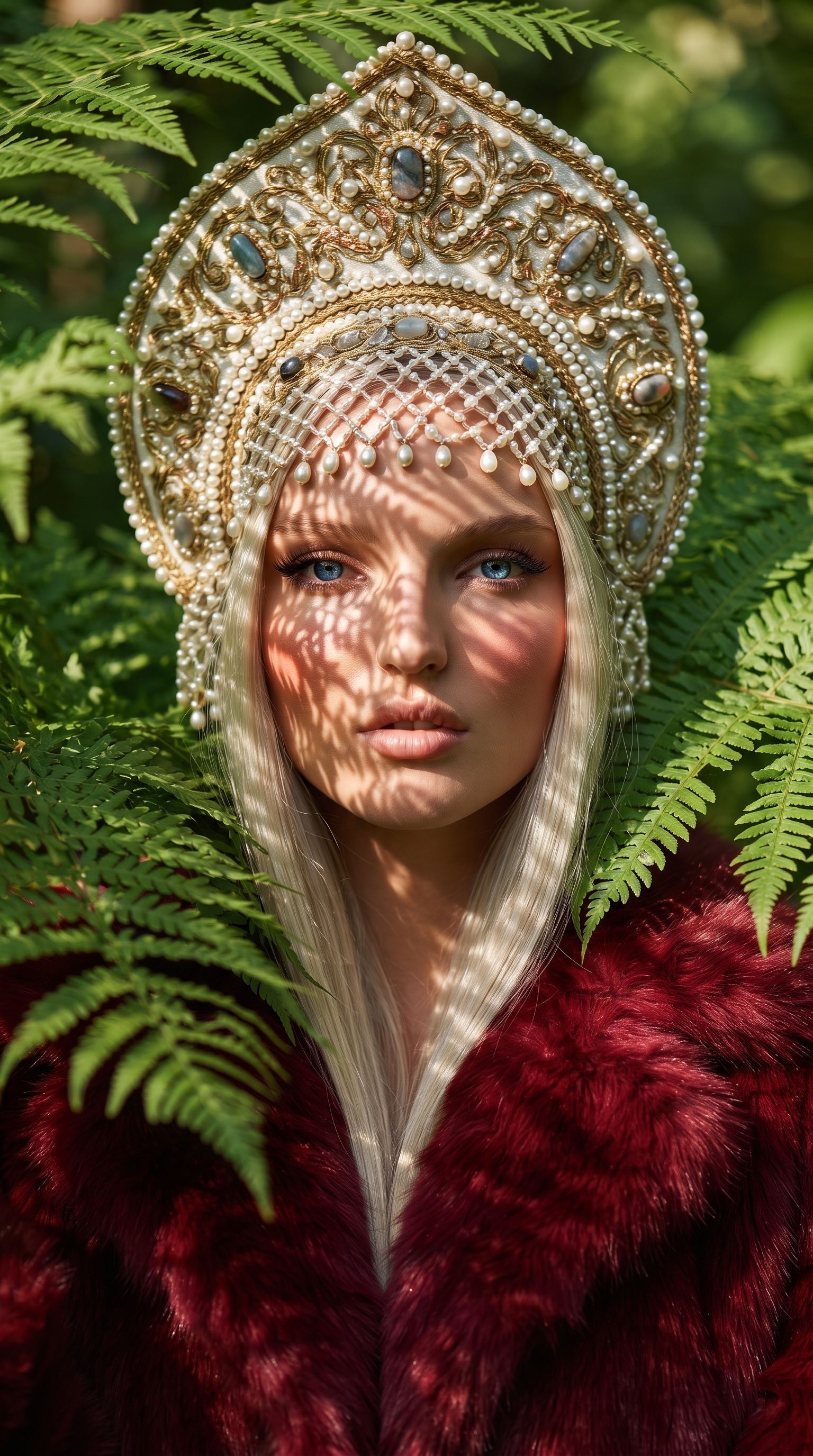 Создай не меняя черты лица
Russian close portrait photo in the style of Vogue, which depicts a sweet and beautiful woman with clear skin, wearing an ornaments Russiann coconut. She poses elegantly against a smooth background. A photo shoot for a catalog in the jungle. A calm expression, slightly open mouth, plump lips, a lot of blush on the cheeks. A girl's face among the leaves of a fern. Sunlight breaks through the leaves, leaving beautiful shadow patterns on the model's face. The model is wearing a red fur coat. Summer, sunny day, bright, juicy colors, cinematic bright lighting. High fashion, haute couture, fashion photography. --chaos 30 --ar 9:16 --raw --stylize 550