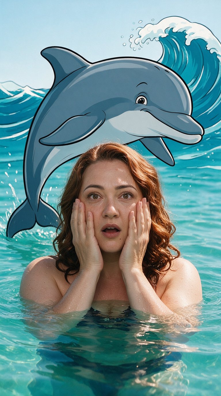 Using the uploaded image as the only facial reference, preserve the woman's identity with complete accuracy. Keep the exact facial features, eye color, skin tone, proportions, hairstyle, and expression quality.
Create a hyper-realistic photograph in crystal-clear turquoise sea under bright natural daylight with neutral color grading. The woman is standing chest-deep in the water, facing the camera with a genuine expression of surprise. Her eyes are wide open, her mouth slightly open, and both hands are gently pressed against her cheeks. Soft ripples surround her while the transparent water reflects natural sunlight.
Behind her, emerging naturally from the water, appears a large playful hand-drawn cartoon dolphin illustrated in a bold comic style with thick black outlines, flat vibrant colors, expressive cheerful eyes and a dynamic jumping pose. The dolphin stays behind her without touching or covering her face.
Also in the scene, a hand-drawn cartoon wave in the same bold comic style with thick black outlines and vibrant blue colors crashes playfully in the background, adding dynamic movement to the composition. The wave integrates naturally with the realistic water while maintaining its illustrated style.
Natural blue tones, realistic water, clean white balance, editorial photography, ultra-realistic skin, mixed-media effect, 8K, masterpiece.
