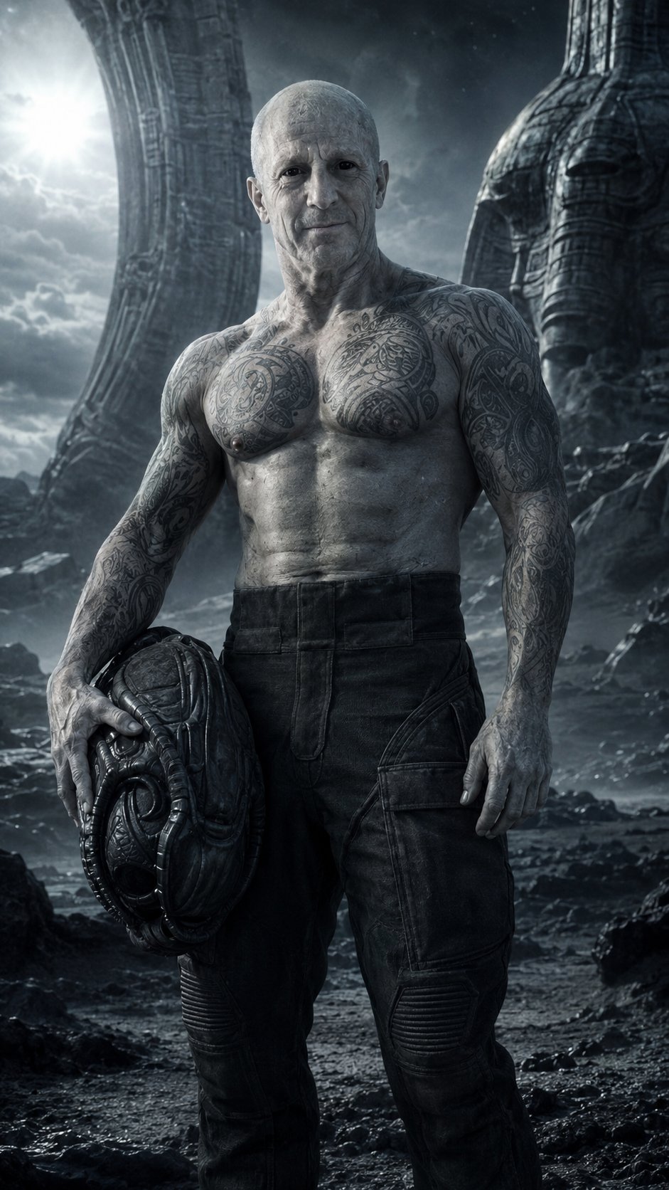 Cinematic photorealistic portrait of an Engineer from the movie "Prometheus" (Ridley Scott) with bare torso and wearing tight-fitting trousers from a working jumpsuit (dark, dense, high-waisted, without the upper part). Use the facial features, eye shape, nose, lips, overall facial anatomy, and any tattoos (if present on the reference) exactly from the provided reference photo. Skin tone must be pale, cold, grayish-white, with a slight bluish undertone, like the Engineers in the film — matte, almost waxy, with no warmth. Eyes must be completely black, with no visible pupil or iris, with a cold oily gleam and deep darkness. Completely bald head (no hair, no eyebrows).
Body is powerful, muscular, with well-defined anatomy, skin has the same pale cold texture. On the legs — tight dark trousers from a jumpsuit, with pockets and seams, as part of the Engineer suit.
The character stands in a powerful confident pose against a harsh alien landscape: dark rocky mountains, misty haze, alien planet atmosphere. Holding an alien artifact or helmet in hand. Background — giant alien structures or ruins, floating dust particles.
Lighting is cold, steel-blue, with harsh backlight from a distant star, creating dramatic shadows on muscles and emphasizing skin and fabric textures.
Style: hyper-realistic, cinematic, like a film still, shallow depth of field, focus on face and muscles. Color palette — cold blues, grays, steel tones.
Photorealistic, 8K, vertical 9:16 aspect ratio, masterpiece, studio quality.