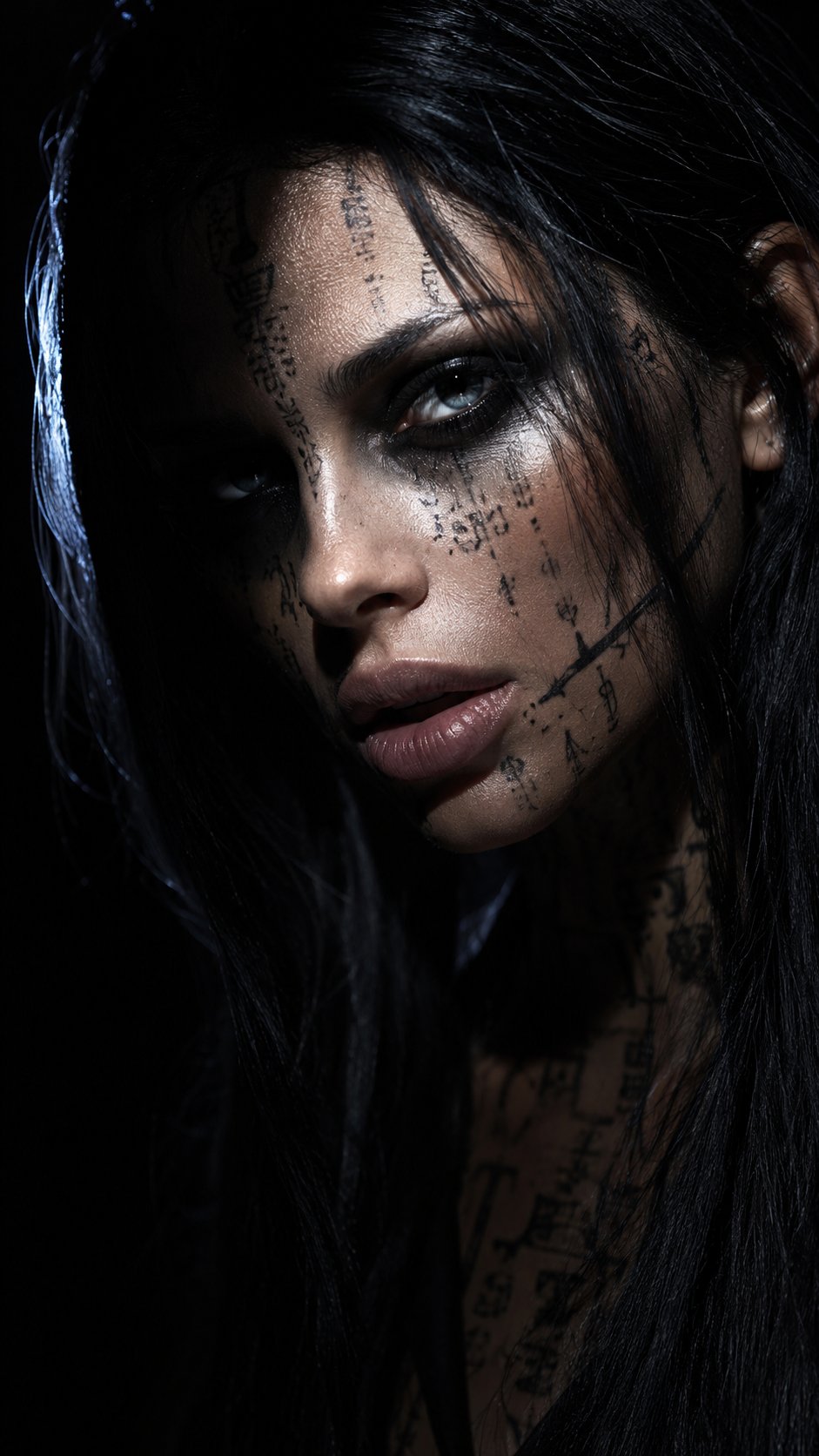 Prompt:

Use the exact same face from the reference image and generate a dark cinematic obsessive skin detail portrait — same devastating concept, completely different pose and angle creating an entirely new visual story within the same darkness.

Face positioned at a dramatic 45 degree angle — not a profile, not front-on — that precise three-quarter angle where the nose cuts into the lit side of the frame, one eye fully caught by the light and the other beginning to slide into shadow. The far cheekbone barely catching the edge of the light before disappearing into black. The jaw line on the shadow side completely consumed. This angle reveals the full three-dimensional architecture of the face — the nose bridge the brow ridge the cheekbone the jaw all reading as sculptural planes against the darkness.

Head tilted very slightly downward — chin dropped just a few degrees, eyes cutting upward through the brows toward the lens with a heavy lidded intensity that is simultaneously vulnerable and devastating. The specific angle that makes eyes look impossibly deep and alive. Brows slightly raised from the upward gaze — creating natural horizontal forehead lines that become part of the skin texture story. The downward chin tilt making the jaw more defined and the neck more architectural.

Expression is rawer than before — lips very slightly parted this time, just 3mm, a barely perceptible exhale caught in the frame. Not emotion — just the biological reality of breathing. The specific vulnerability of parted lips in darkness making the portrait feel like a stolen private moment rather than a posed image.

Skin at the same forensic obsession level but now the three-quarter angle and downward tilt reveal completely new skin territory — the side of the nose and the nose wing in sharp raking light showing its unique pore texture, the under-eye area catching the light from a new angle revealing its delicate thinness differently, the jaw line on the lit side in sharp relief showing the stubble distribution along its edge, the forehead catching the overhead light and revealing its full topographic skin surface, the ear partially visible on the lit side with its own unique skin texture catching the hard light. The neck just barely entering the lower frame — the collarbone edge dissolving into darkness below.

The single light source now positioned even more dramatically — high above and almost directly to the side, the beam narrower and harder than before, cutting a thinner more surgical column of light across the angled face. The lit side of the face burning with cold precision detail, the shadow side an absolute void. The rim light from behind now catching the cheekbone edge on the shadow side — a razor line of cold blue-white tracing the far cheekbone through the darkness like a blade edge. One eye fully illuminated with a sharp single catch light. The other eye half-consumed by shadow — only the iris edge and a sliver of white catching the rim light from behind.